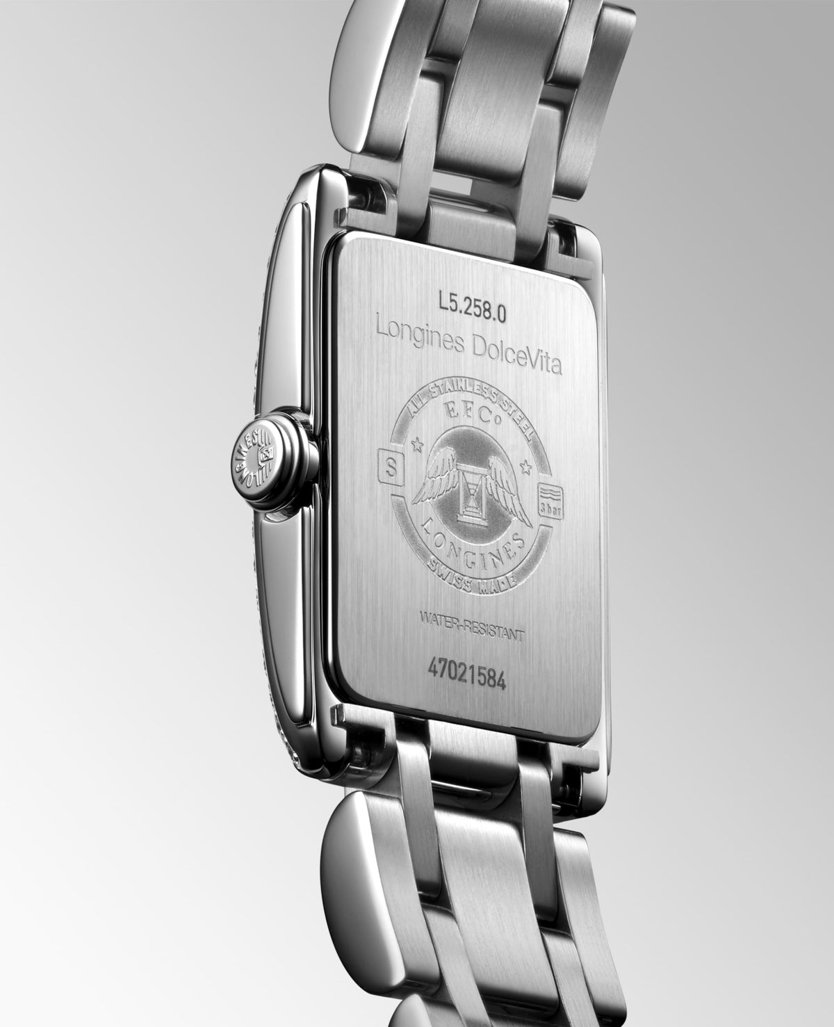 Longines Dolcevita 17.70 X 27.00 mm Silver "flinqué" Stainless steel L52580716 L5.258.0.71.6 front and side view