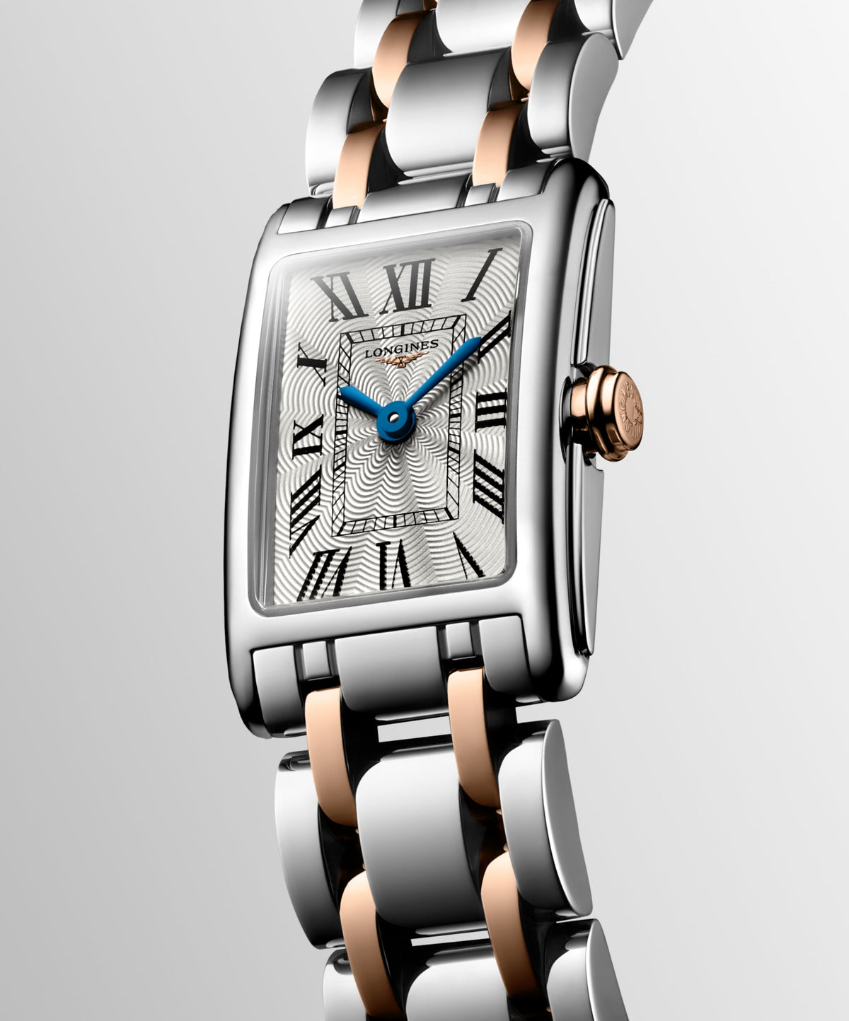 Longines Dolcevita 17.70 X 27.00 mm Silver "flinqué" Stainless steel with rose gold 18 carats crown L52585717 L5.258.5.71.7 front and side view