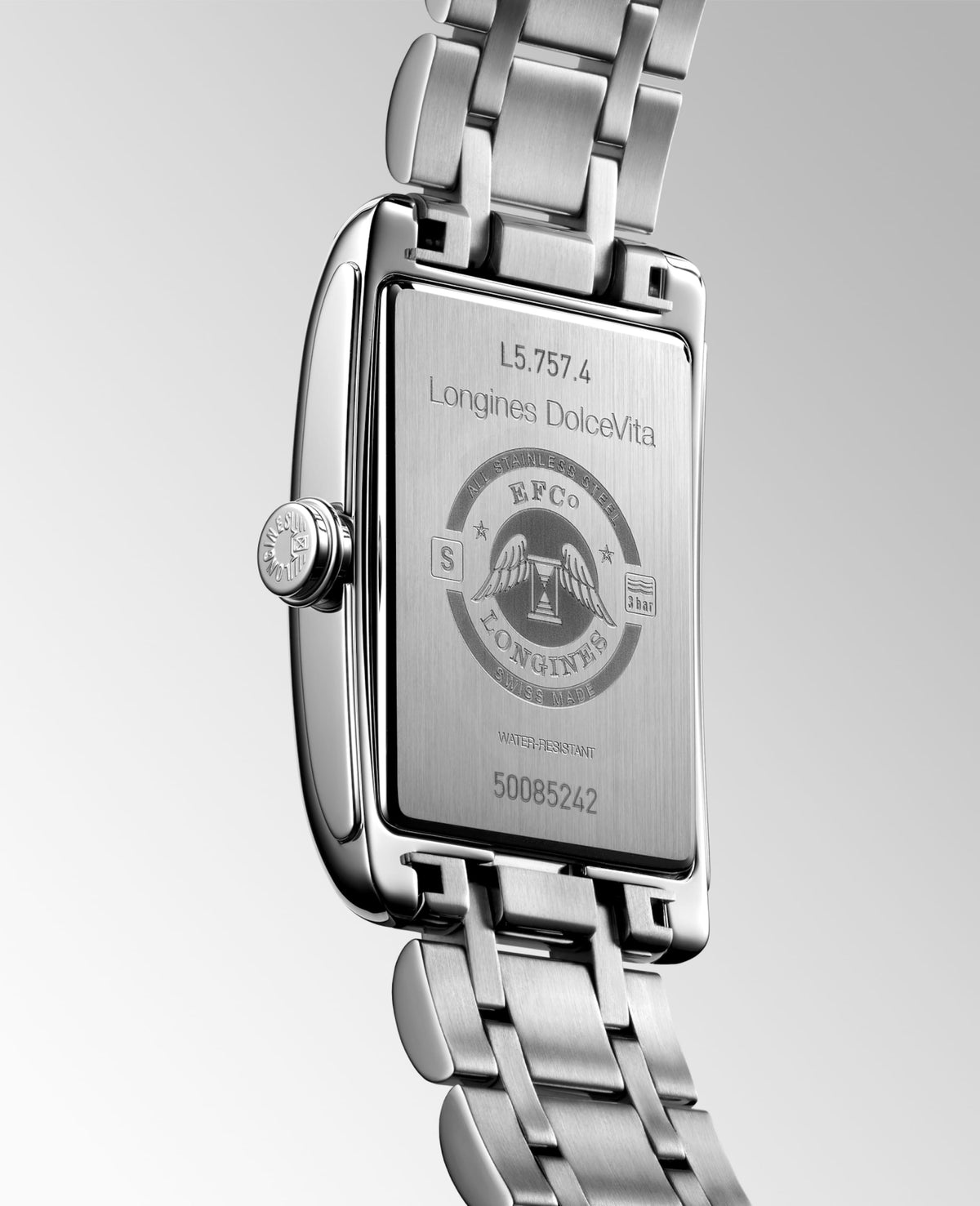 Longines Dolcevita 27.70 X 43.80 mm Silver "flinqué" Stainless steel L57574716 L5.757.4.71.6 front and side view