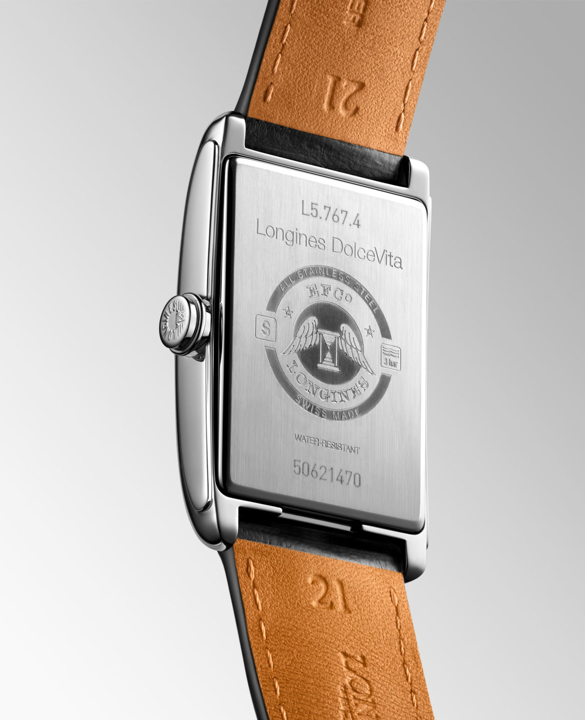 Longines Dolcevita 28.20 X 47.00 mm Silver "flinqué" Stainless steel L57674710 L5.767.4.71.0 front and side view