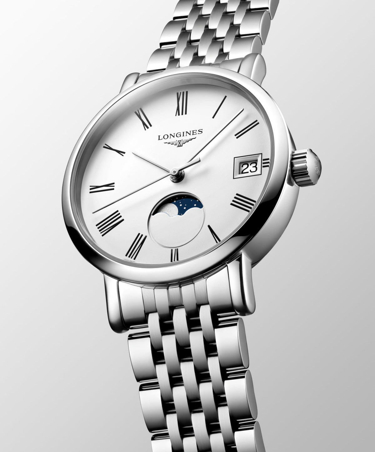 Longines Elegant Collection Moonphase 30.00 mm White matt Stainless steel L43304116 L4.330.4.11.6 front and side view