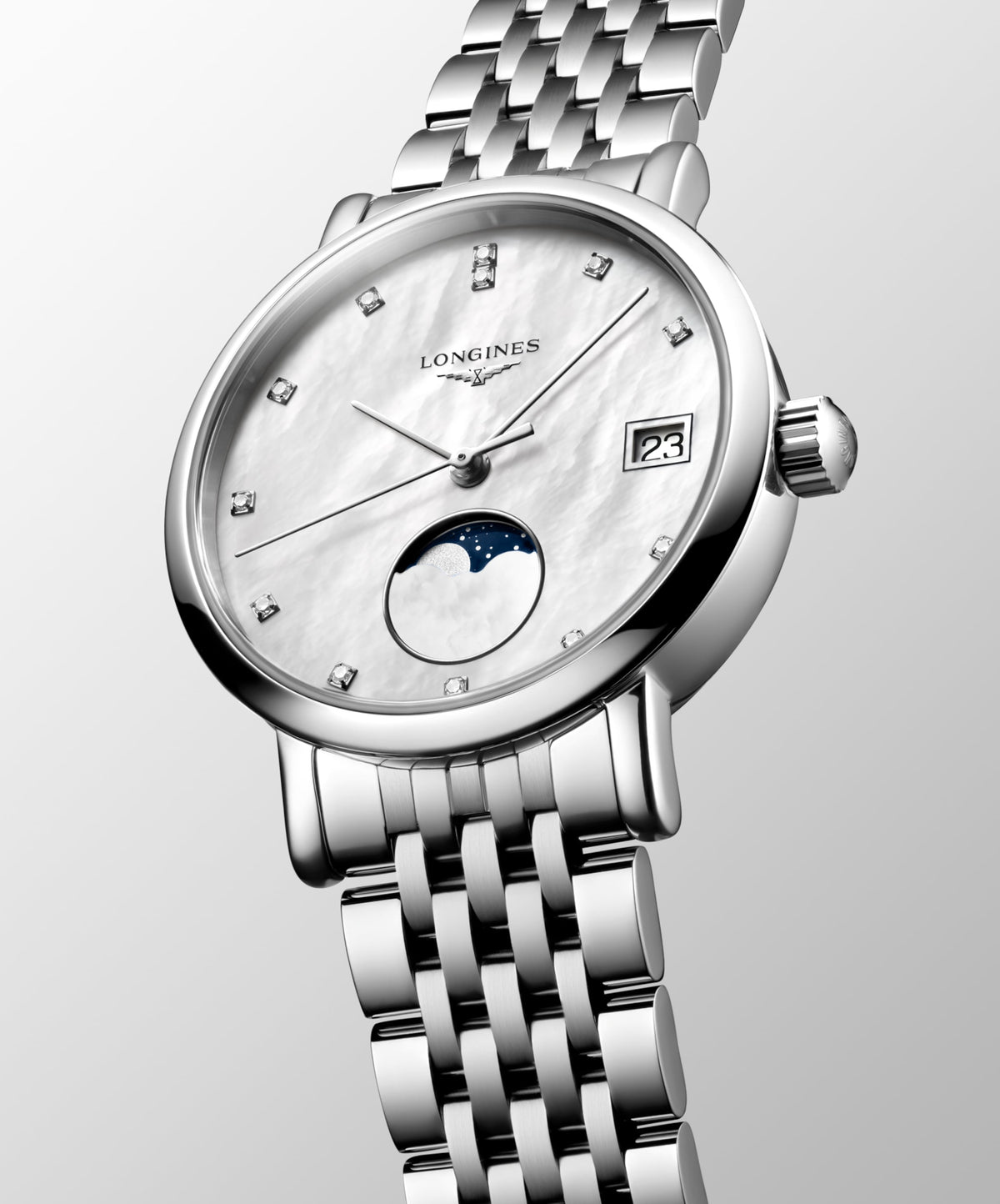 Longines Elegant Collection Moonphase 30.00 mm White mother-of-pearl Stainless steel L43304876 L4.330.4.87.6 front and side view