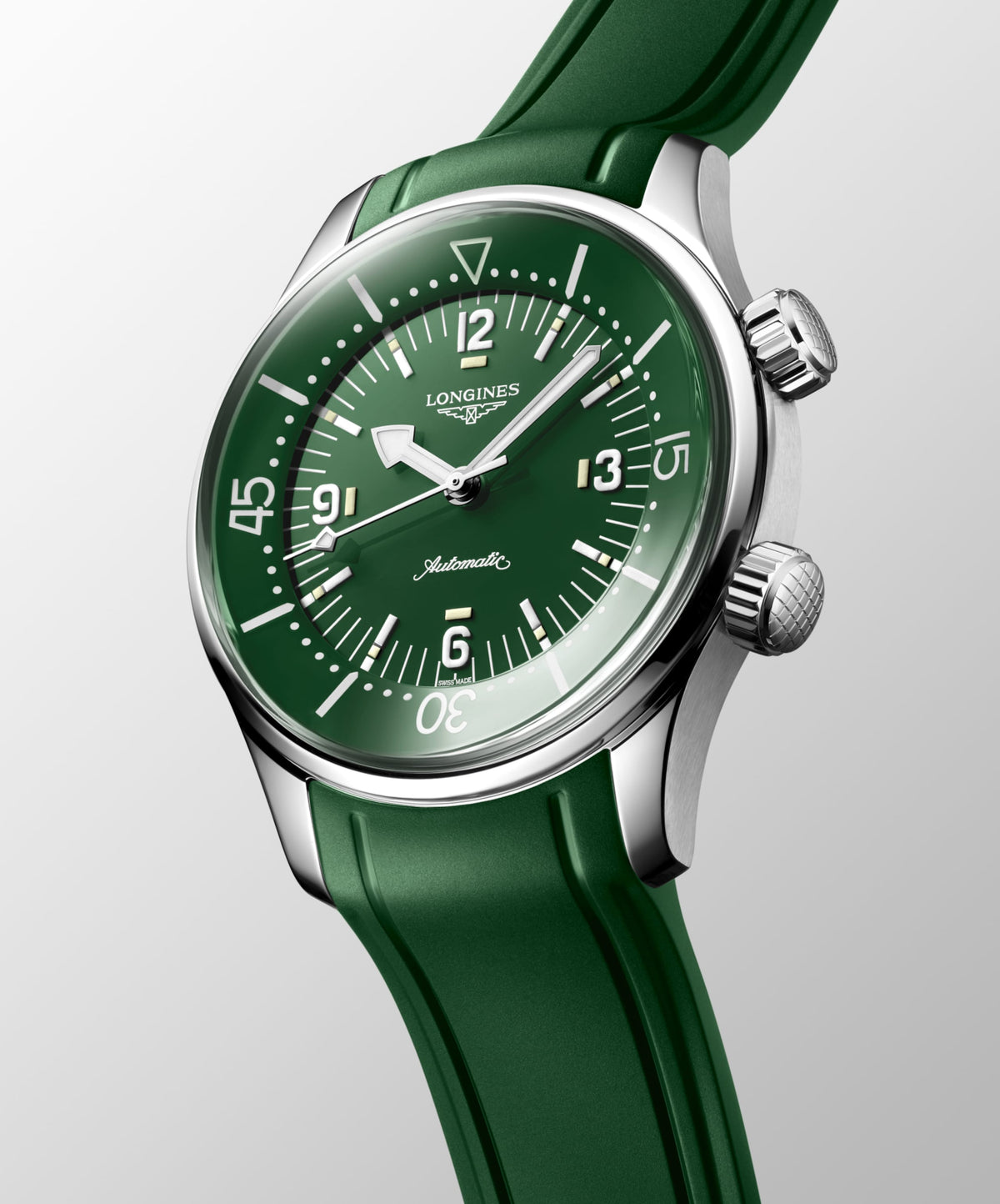 Longines Legend Diver 39.00 mm Green lacquered polished Stainless steel L37644069 L3.764.4.06.9 front and side view