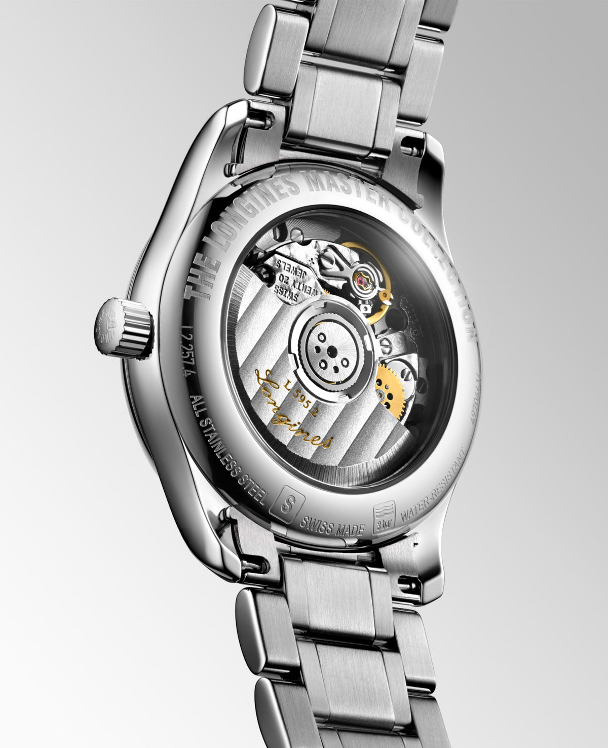 Longines Master Collection Silver "barleycorn" dial. Stainless steel 29.00 mm L22574776 L2.257.4.77.6 side and back view