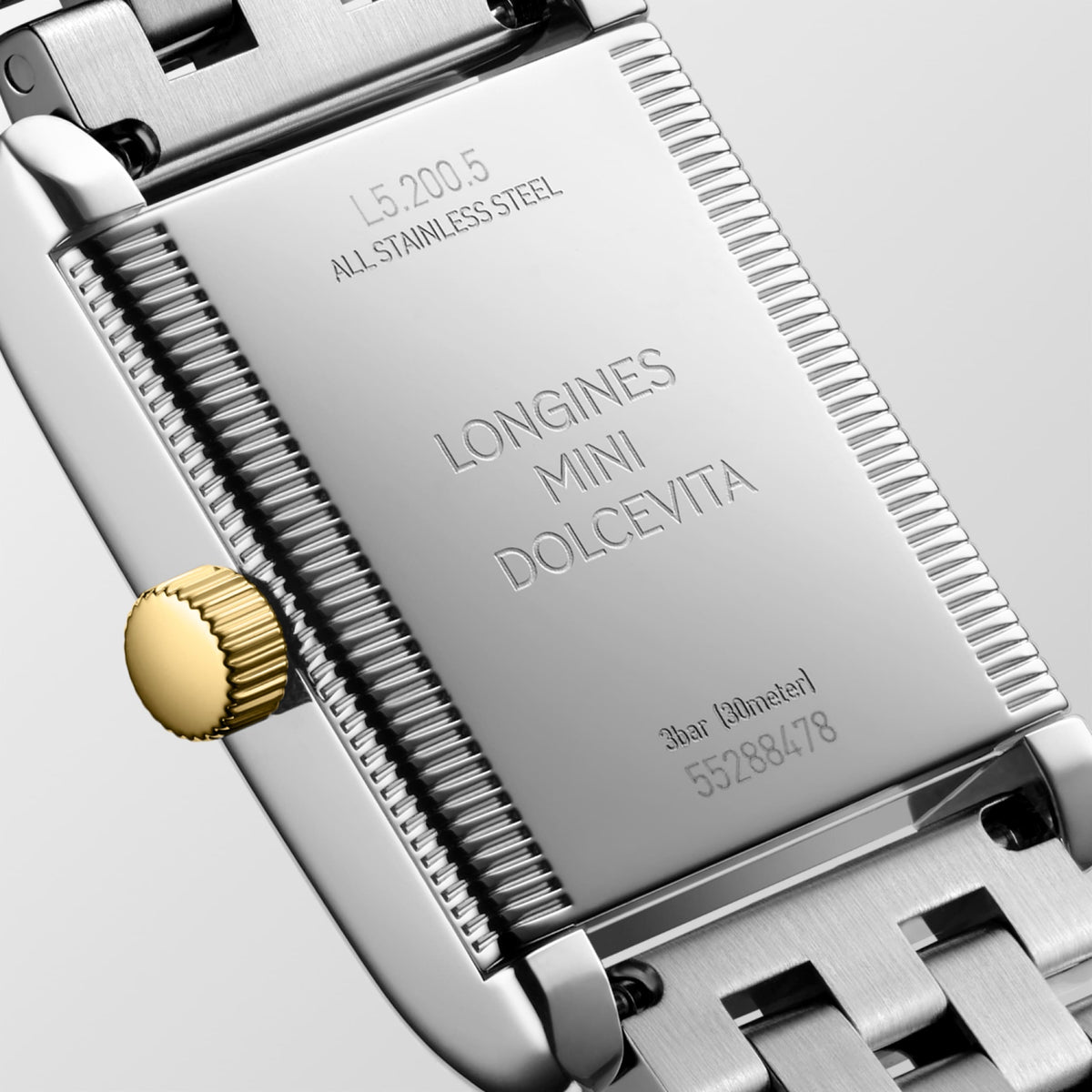 Longines Mini Dolcevita 21.50 X 29.00 mm Silver "flinqué" Stainless steel with 18 karat yellow gold crown L52005707 L5.200.5.70.7 front and side view