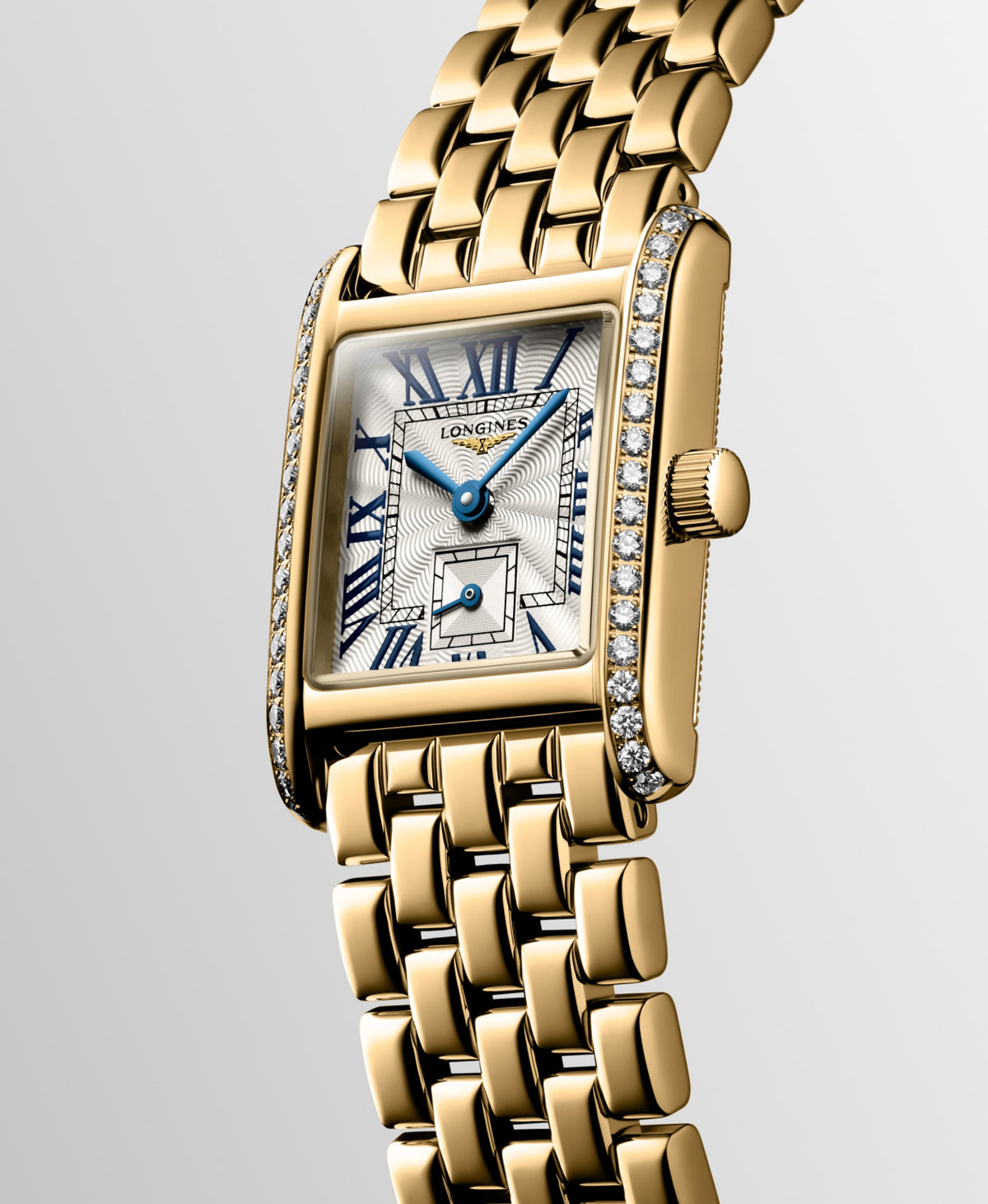 Longines Mini Dolcevita 21.50 X 29.00 mm Silver "flinqué" 18 karat yellow gold L52007716 L5.200.7.71.6 front and side view
