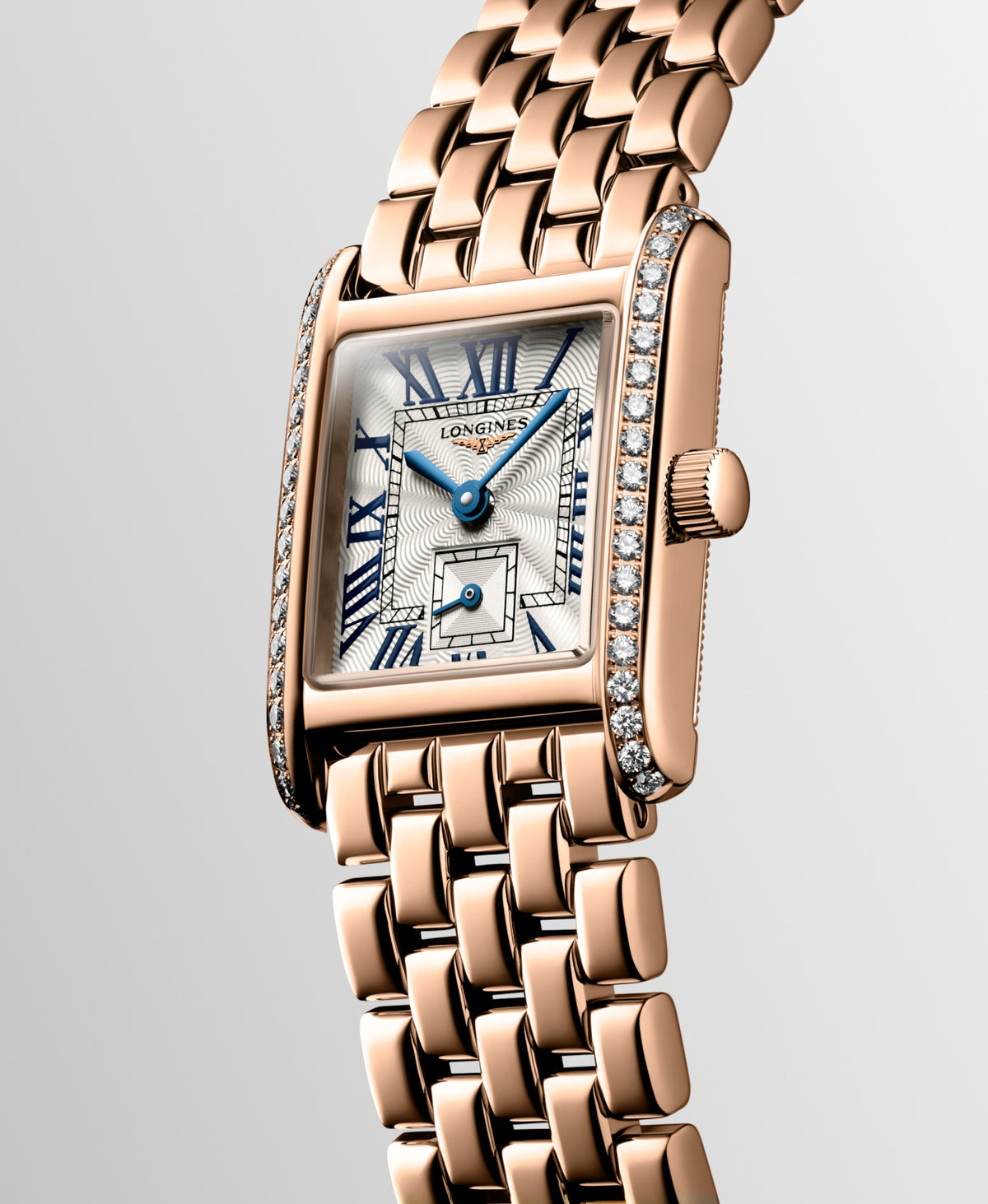 Longines Mini Dolcevita 21.50 X 29.00 mm Silver "flinqué" Rose gold 18 carats L52009716 L5.200.9.71.6 front and side view