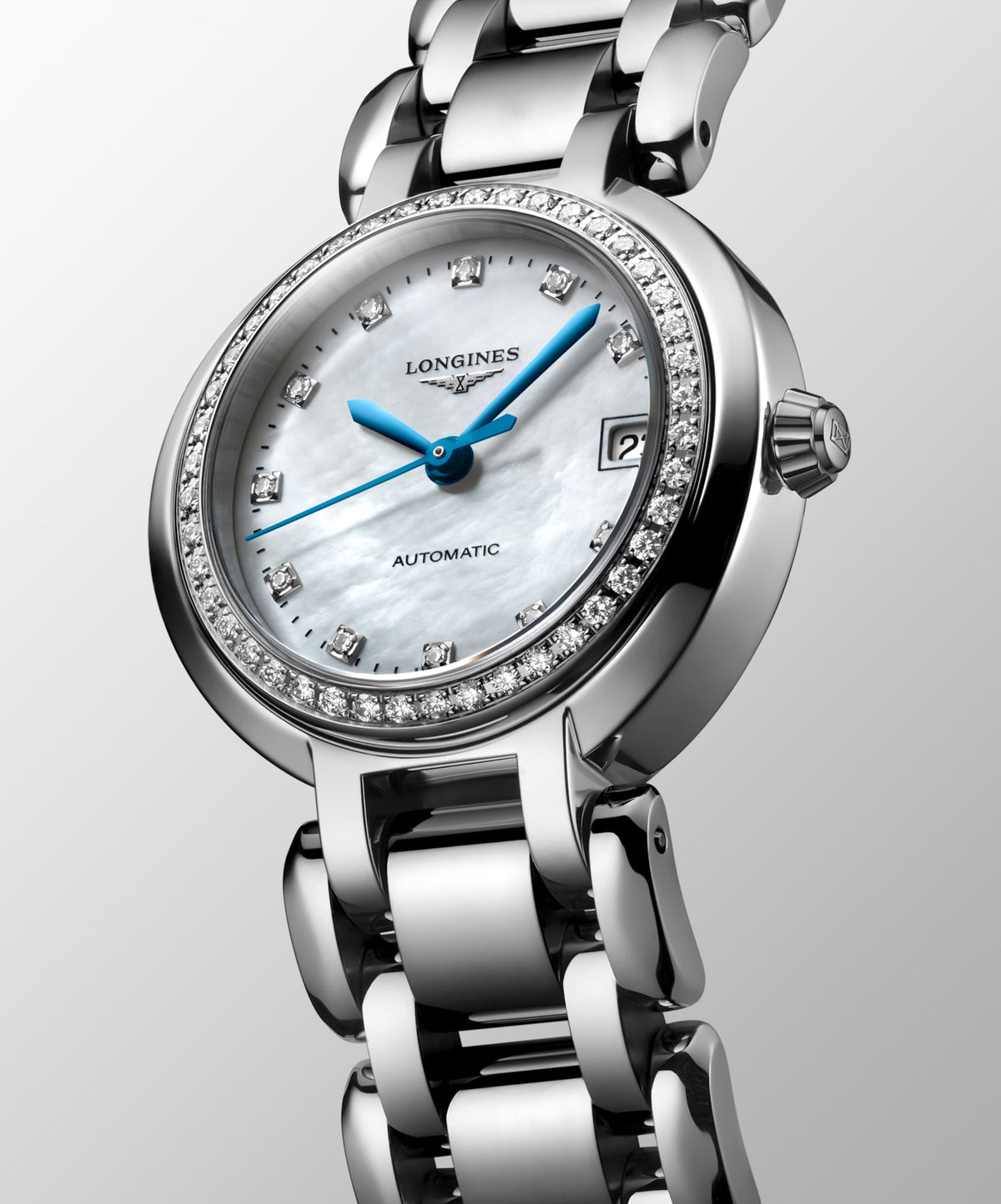 Longines Primaluna 26.50 mm White mother-of-pearl Stainless steel L81110876 L8.111.0.87.6 front and side view