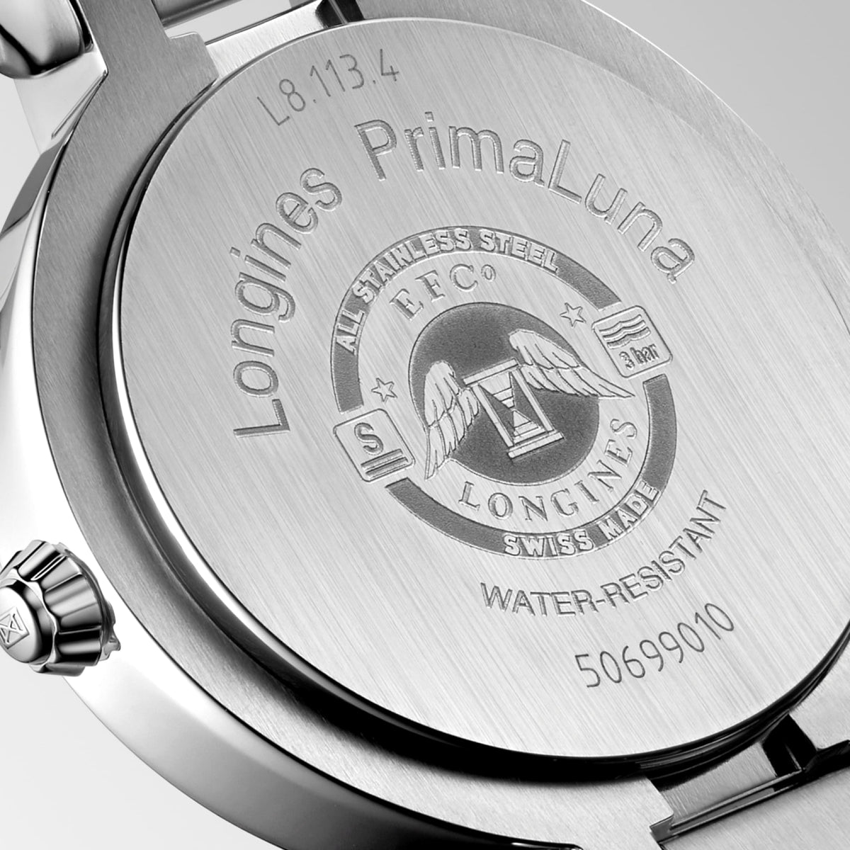 Longines Primaluna 30.00 mm Sunray blue Stainless steel L81134906 L8.113.4.90.6 front and side view