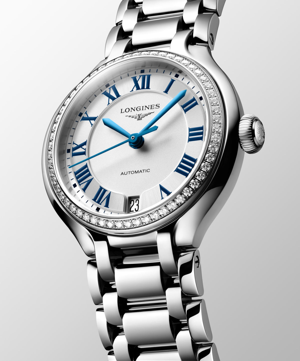 Longines Primaluna 34.00 mm Sunray silver Stainless steel L81240716 L8.124.0.71.6 front and side view