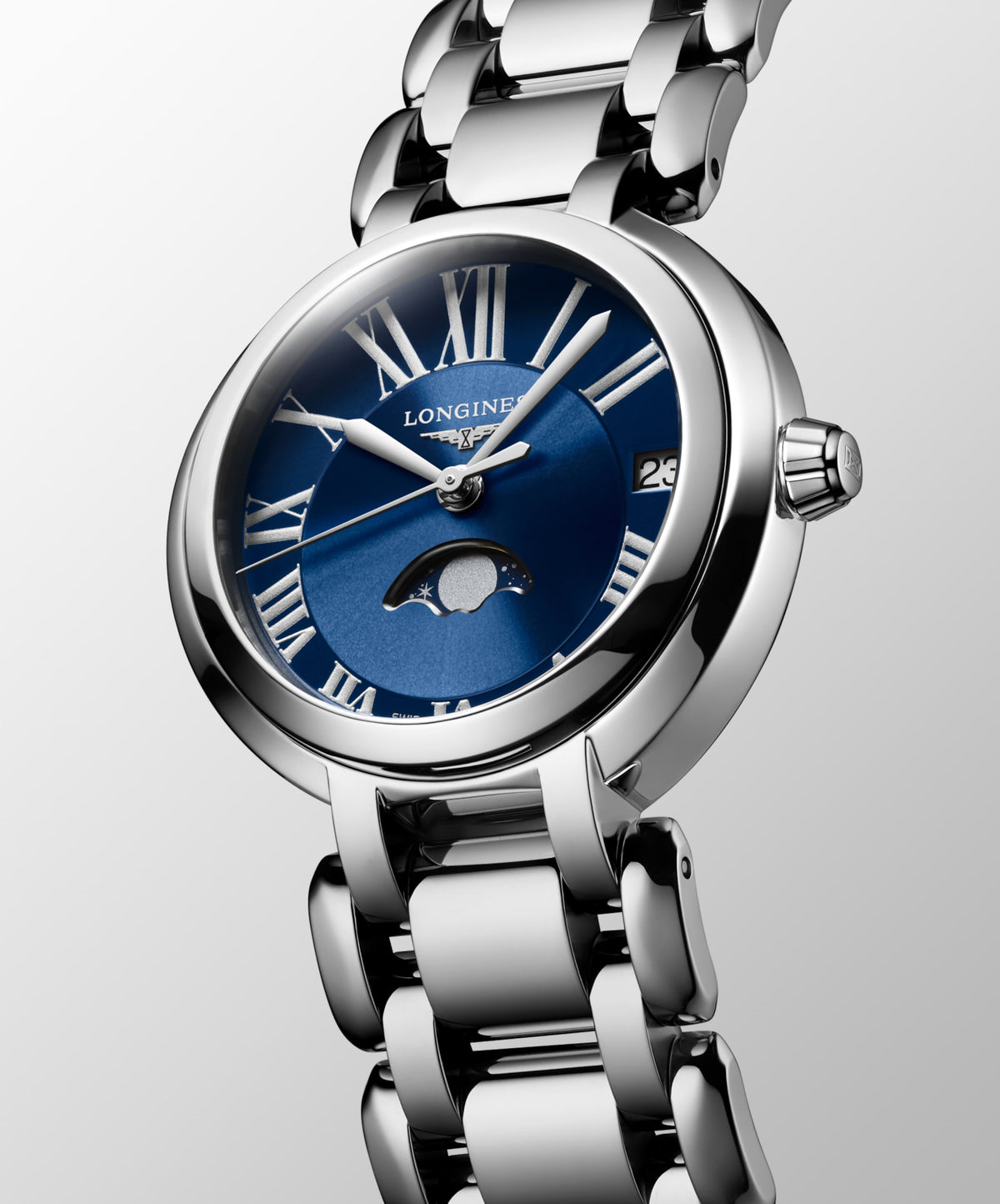 Longines Primaluna Moonphase 30.50 mm Blue Stainless steel L81154916 L8.115.4.91.6 front and side view