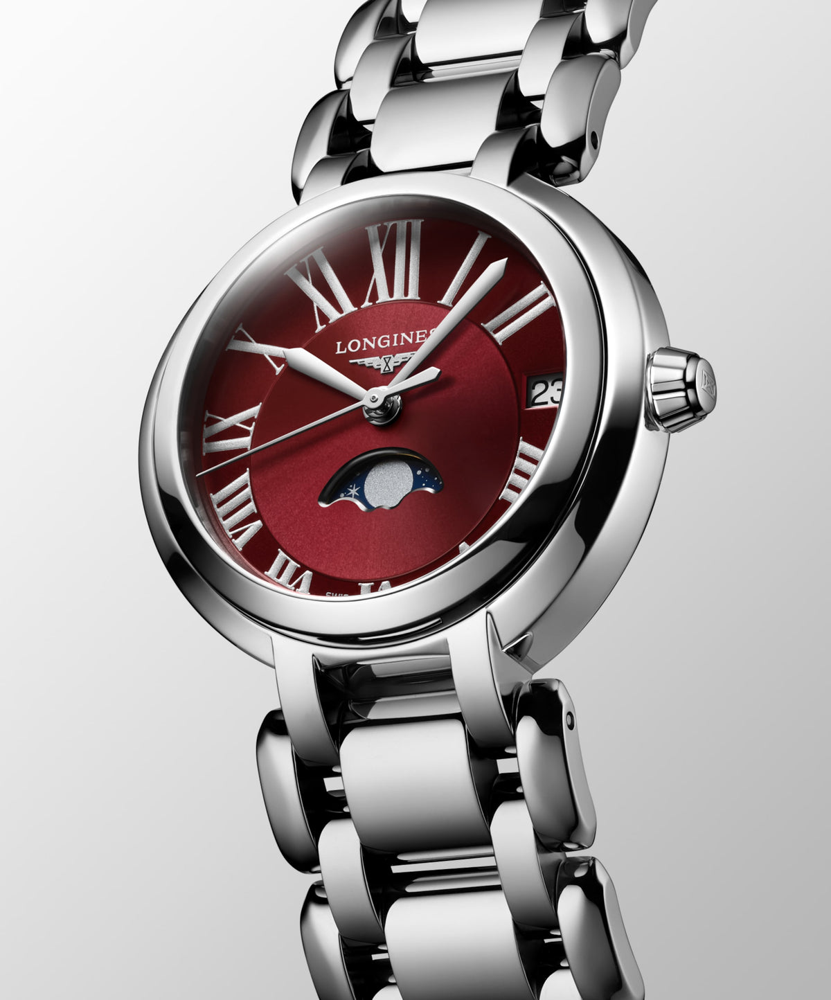 Longines Primaluna Moonphase 30.50 mm Bordeaux Stainless steel L81154926 L8.115.4.92.6 front and side view