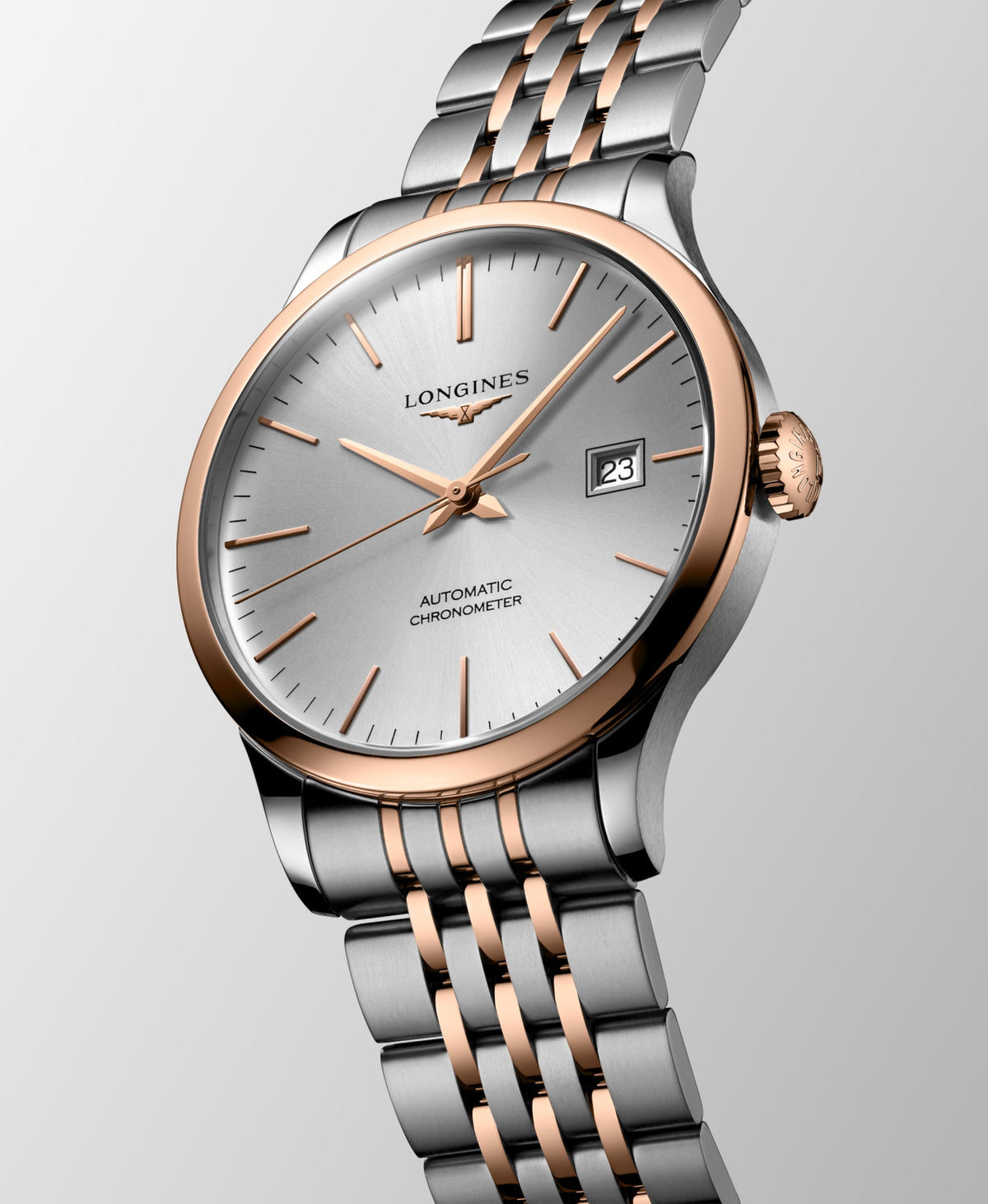 Record 40.00 mm Sunray silver Stainless steel and rose gold 18 carats cap 200 L28215727 L2.821.5.72.7 front and side view