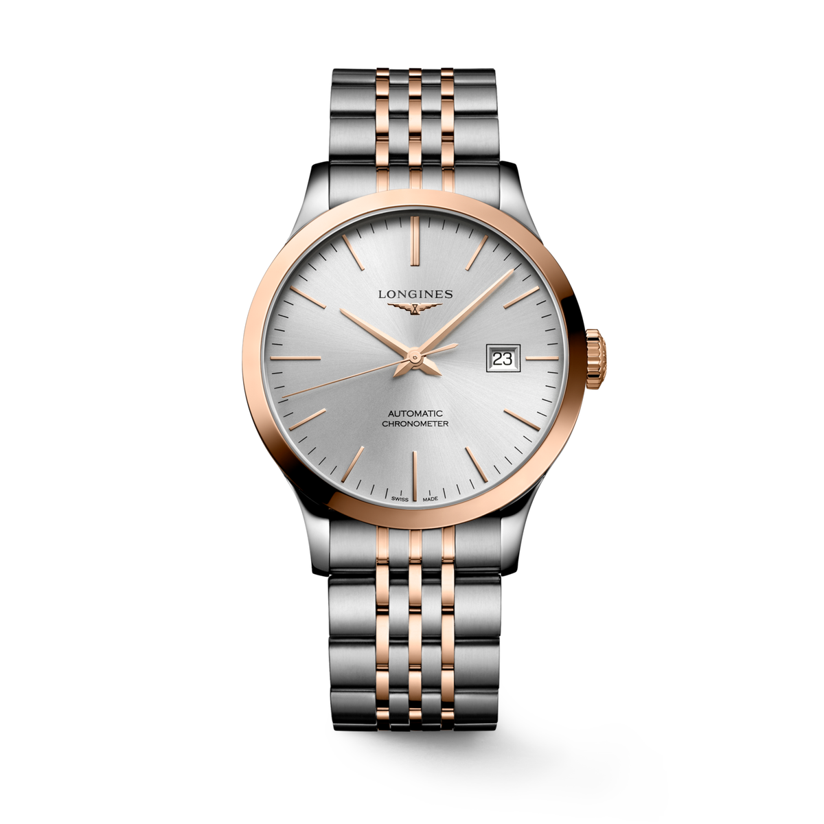 Record 38.50 mm Sunray silver Stainless steel and rose gold 18 carats cap 200 L28205727 L2.820.5.72.7 front view