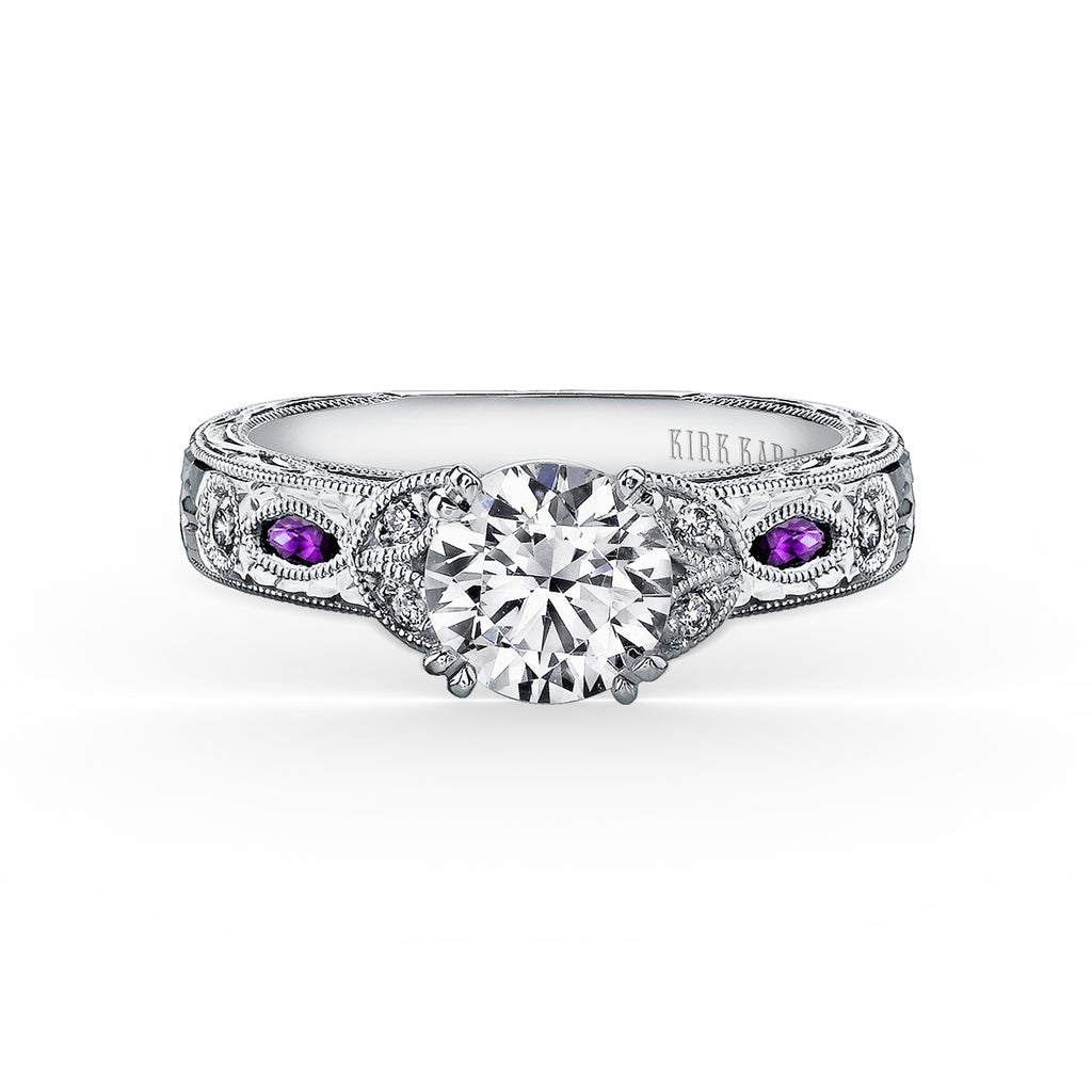 Kirk Kara DAHLIA Diamond Engagement Rings 18k Gold White 10DR .12 2 AMETH MARQ ENGRAVED RING