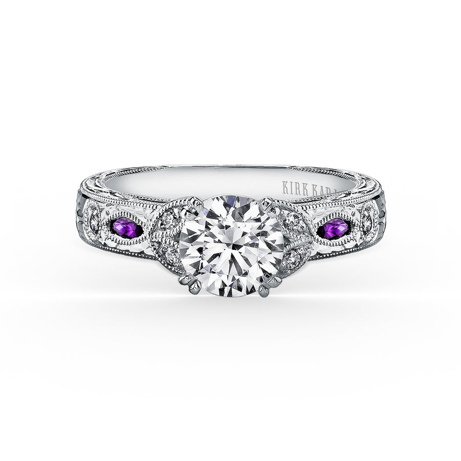 Kirk Kara DAHLIA Diamond Engagement Rings 18k Gold White 10DR .12 2 AMETH MARQ ENGRAVED RING