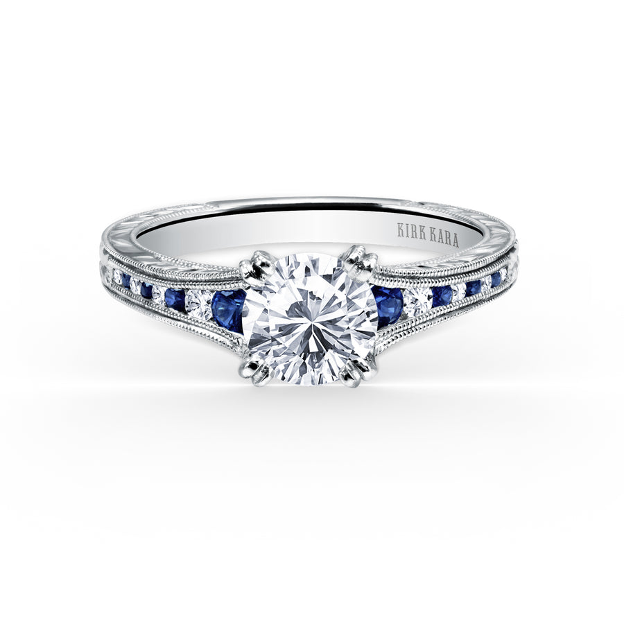 Kirk Kara STELLA Diamond Engagement Rings 18k Gold White 8DR .08 8 BLUE SAPP CHANNEL RING