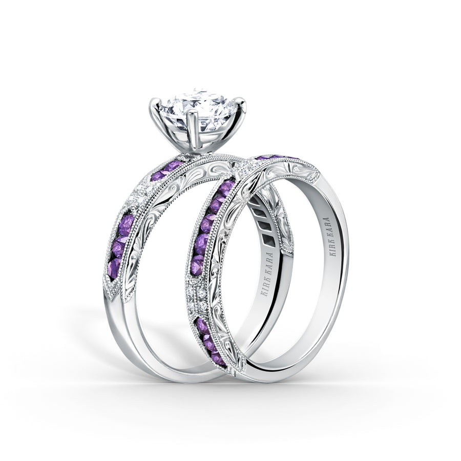 Kirk Kara CHARLOTTE Diamond Engagement Rings 18k Gold White 8DR .03 10 AMETH ROUNDS CHANNEL RING