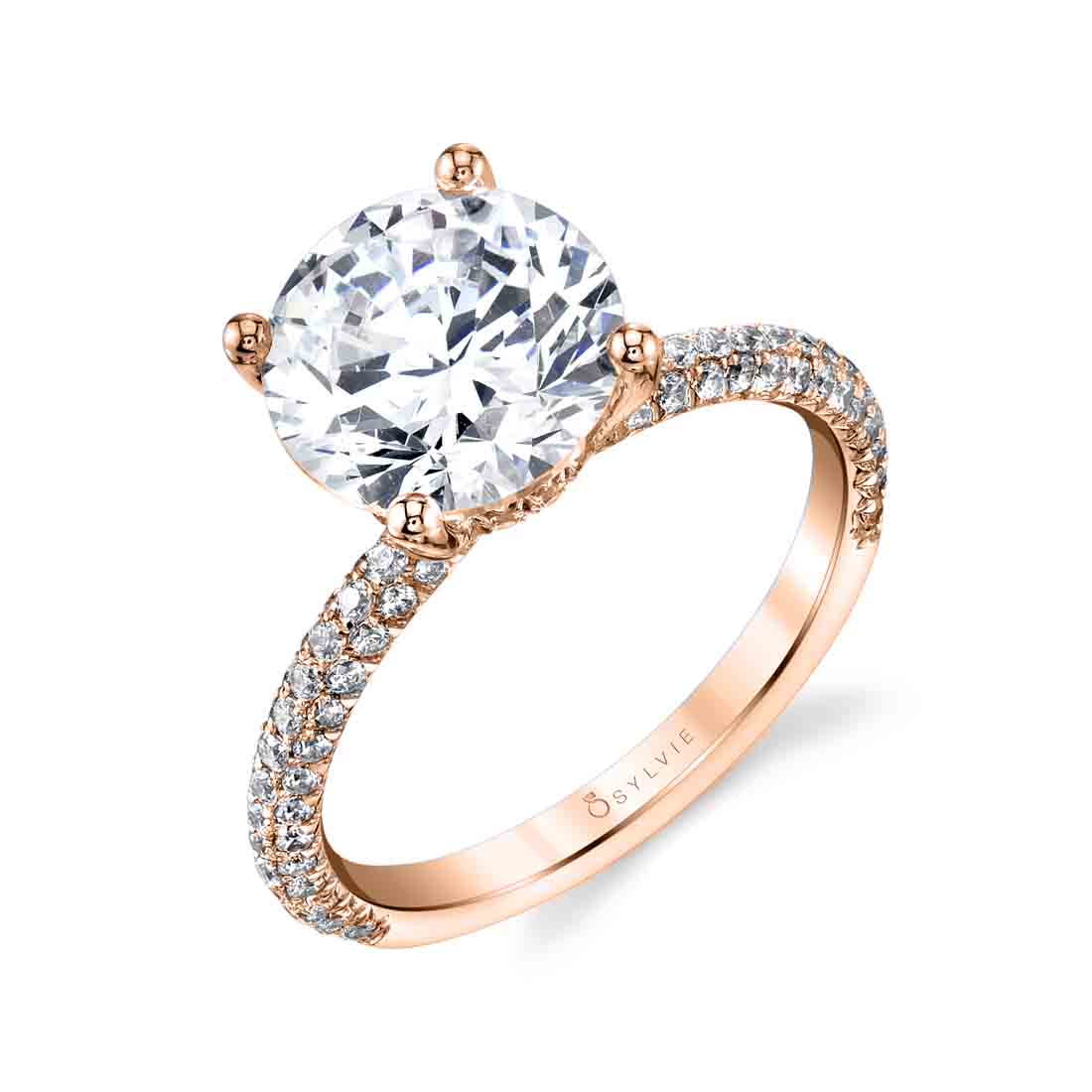 Sylvie Round Cut 3 Carat Classic Pave Engagement Ring - Jayla 14k Gold Rose