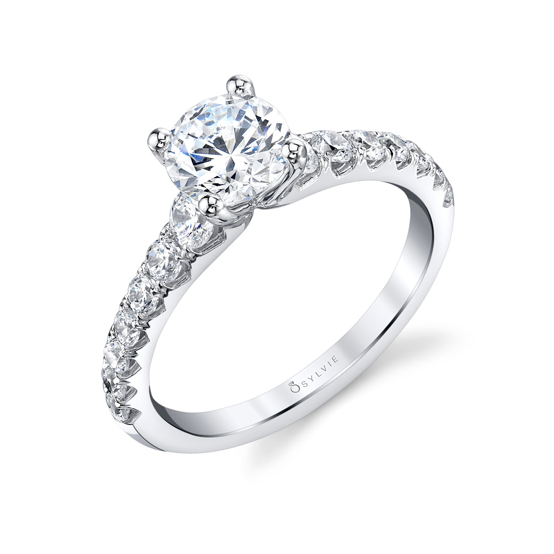 Sylvie Round Cut Classic Engagement Ring - Veronique 14k Gold White
