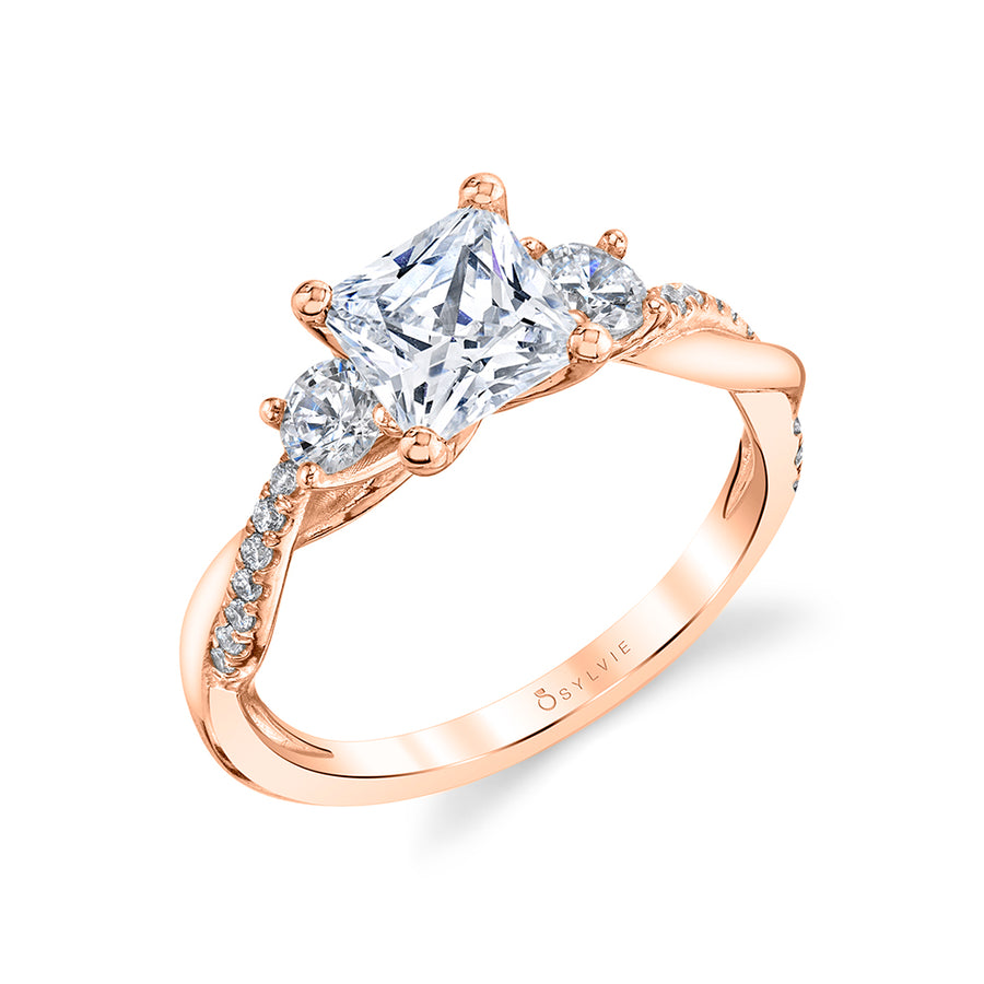 Princess Cut Three Stone Twist Engagement Ring - Evangeline 14k Gold Rose