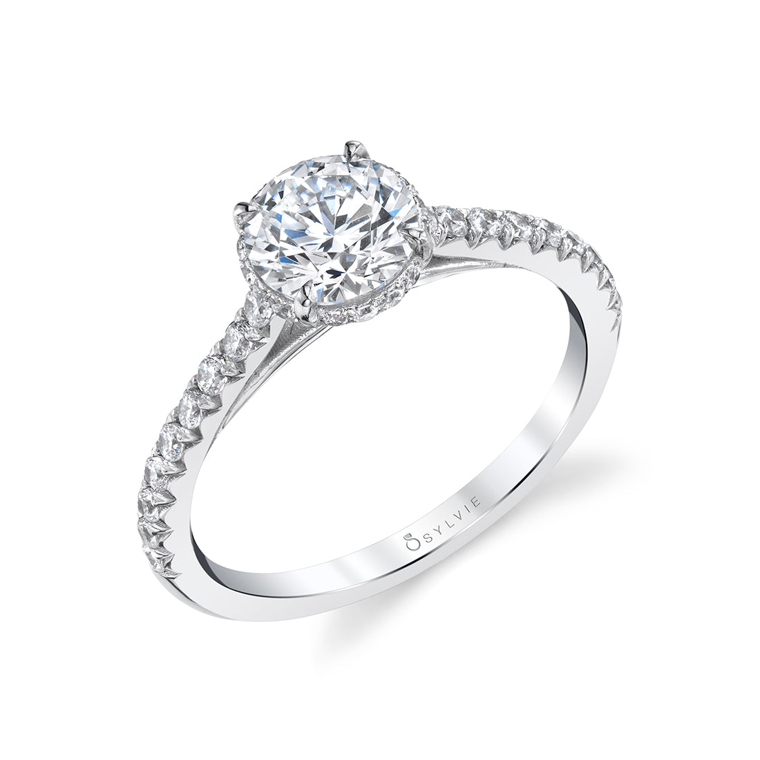Sylvie Round Cut Classic Hidden Halo Engagement Ring - Harmonie 14k Gold White