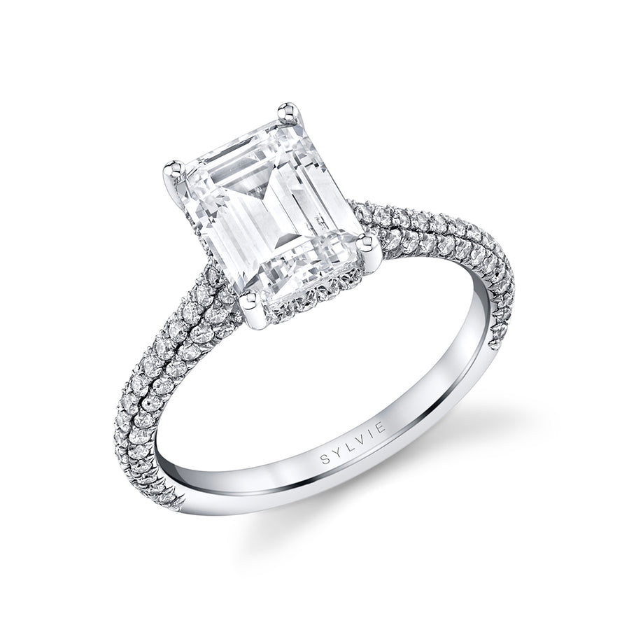 Emerald Cut Hidden Halo Pave Engagement Ring - Peighton 18k Gold White