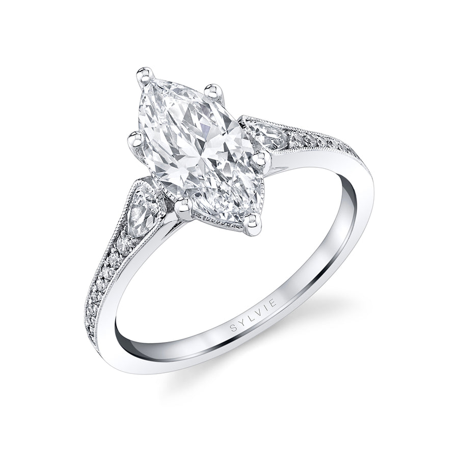 Marquise Cut Unique Engagement Ring - Esmeralda 18k Gold White