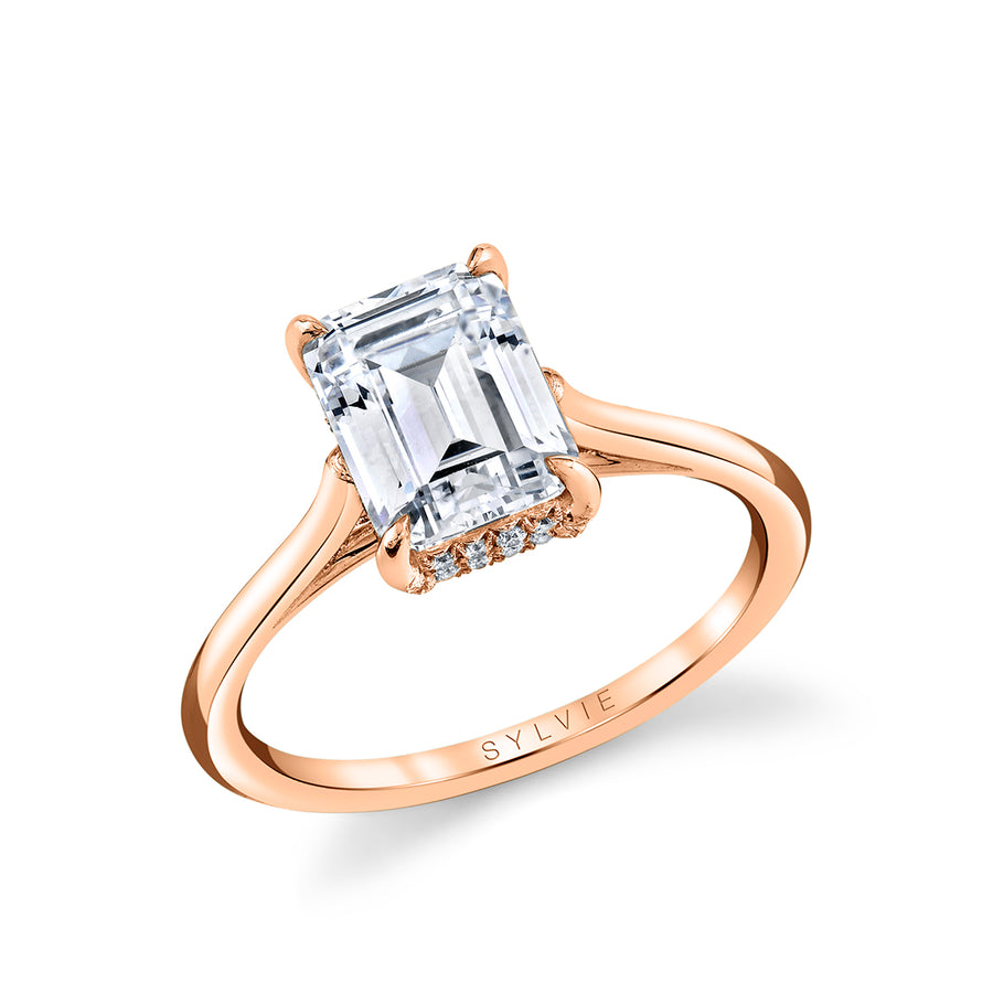 Emerald Cut Solitaire Hidden Halo Engagement Ring - Carter 18k Gold Rose