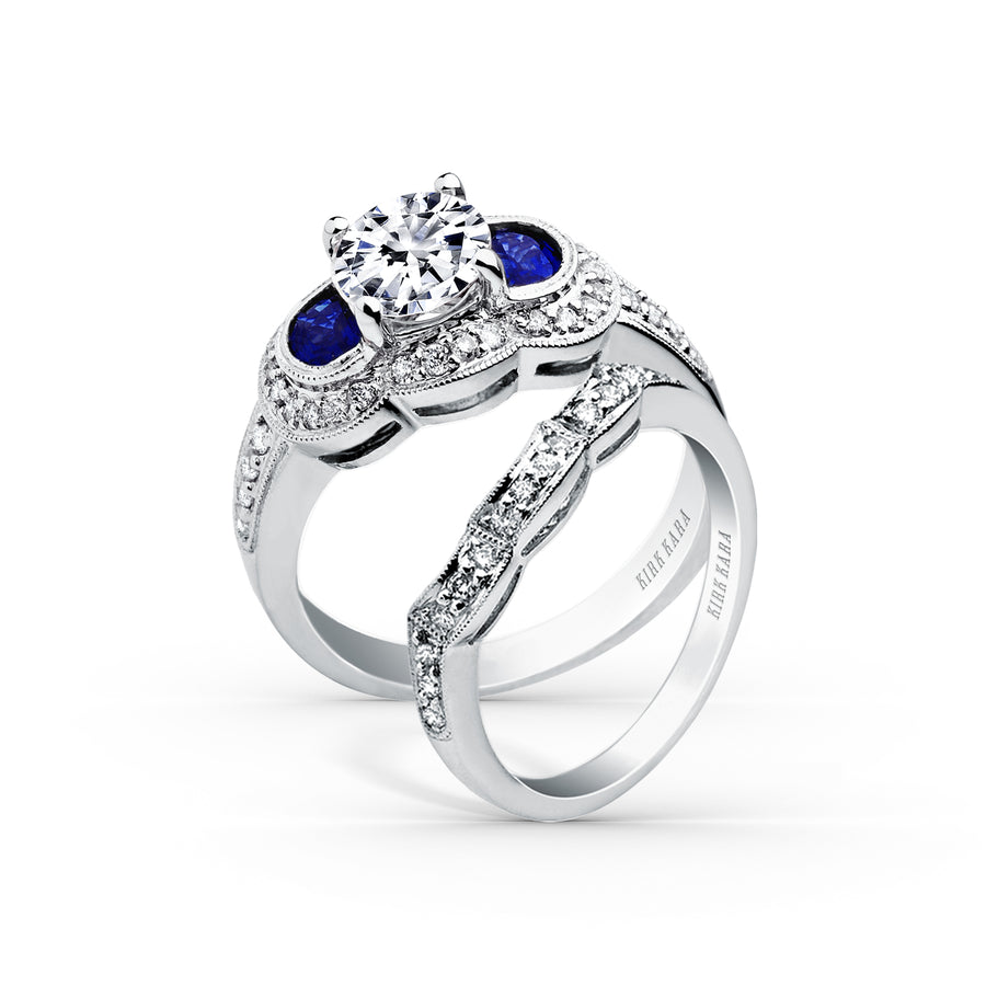 Kirk Kara CHARLOTTE 3 Stone Engagement Rings 18k Gold White 26DR 0.17 8DR 0.08 2SHM 3-STONE HALO RING
