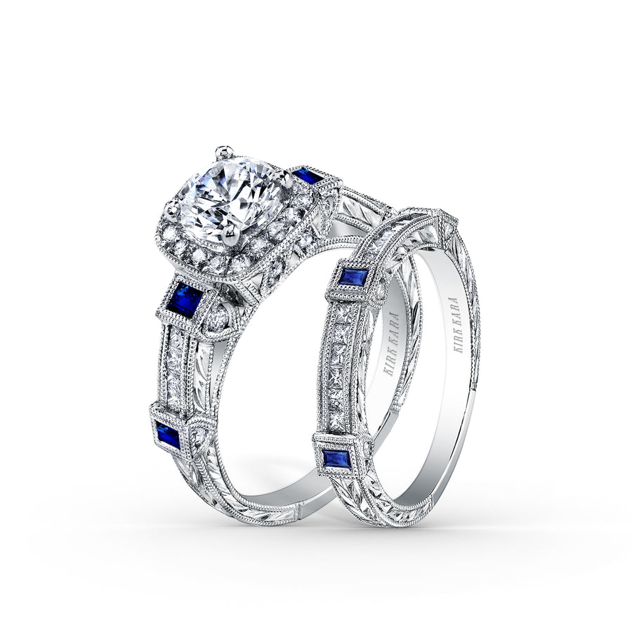 Kirk Kara CARMELLA halo Engagement Rings 18k Gold White 8DP 0.16 28DR 0.304 BLUE SAP BG HALO RING