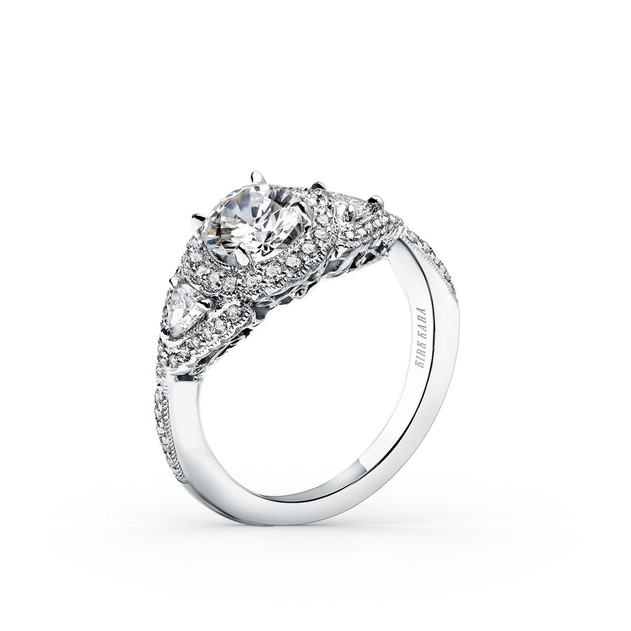 Kirk Kara PIROUETTA 3 Stone Engagement Rings 18k Gold White 56DR .35 2DTR 0.301 3-STONE HALO RING