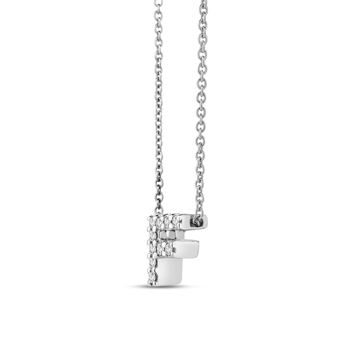 Roberto Coin Tiny Treasures Love Letter Necklace Diamond Letter F in 18K white gold, side view