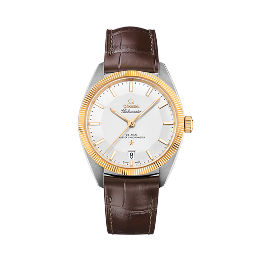 CONSTELLATION GLOBEMASTER 39 MM, STEEL - YELLOW GOLD ON LEATHER STRAP