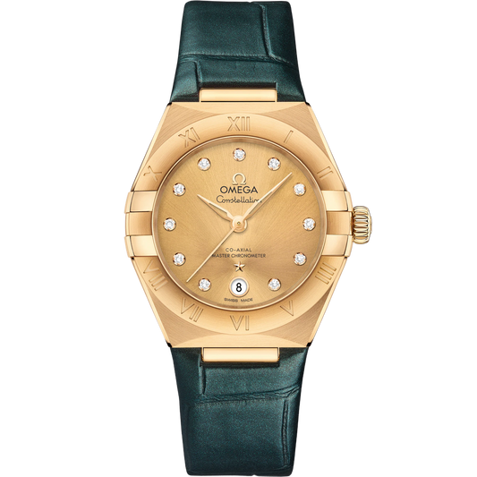 CONSTELLATION 29 MM, YELLOW GOLD ON LEATHER STRAP