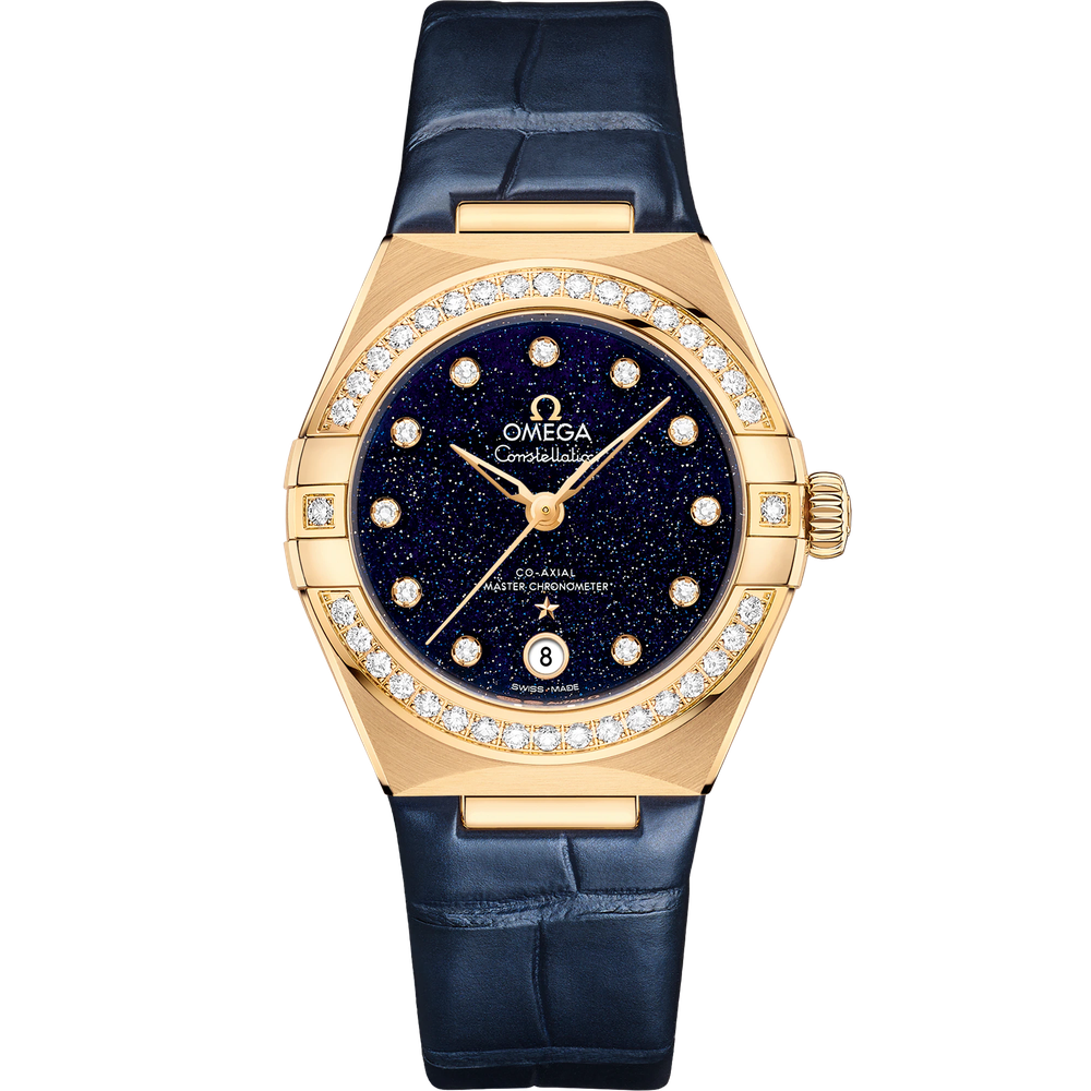 CONSTELLATION 29 MM, YELLOW GOLD ON LEATHER STRAP