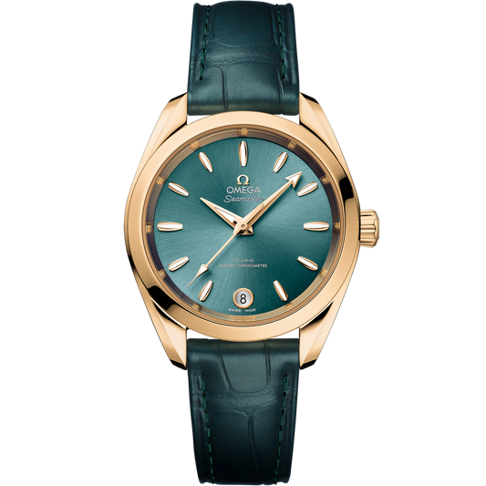 SEAMASTER AQUA TERRA SHADES 34 MM, MOONSHINE™ GOLD ON LEATHER STRAP