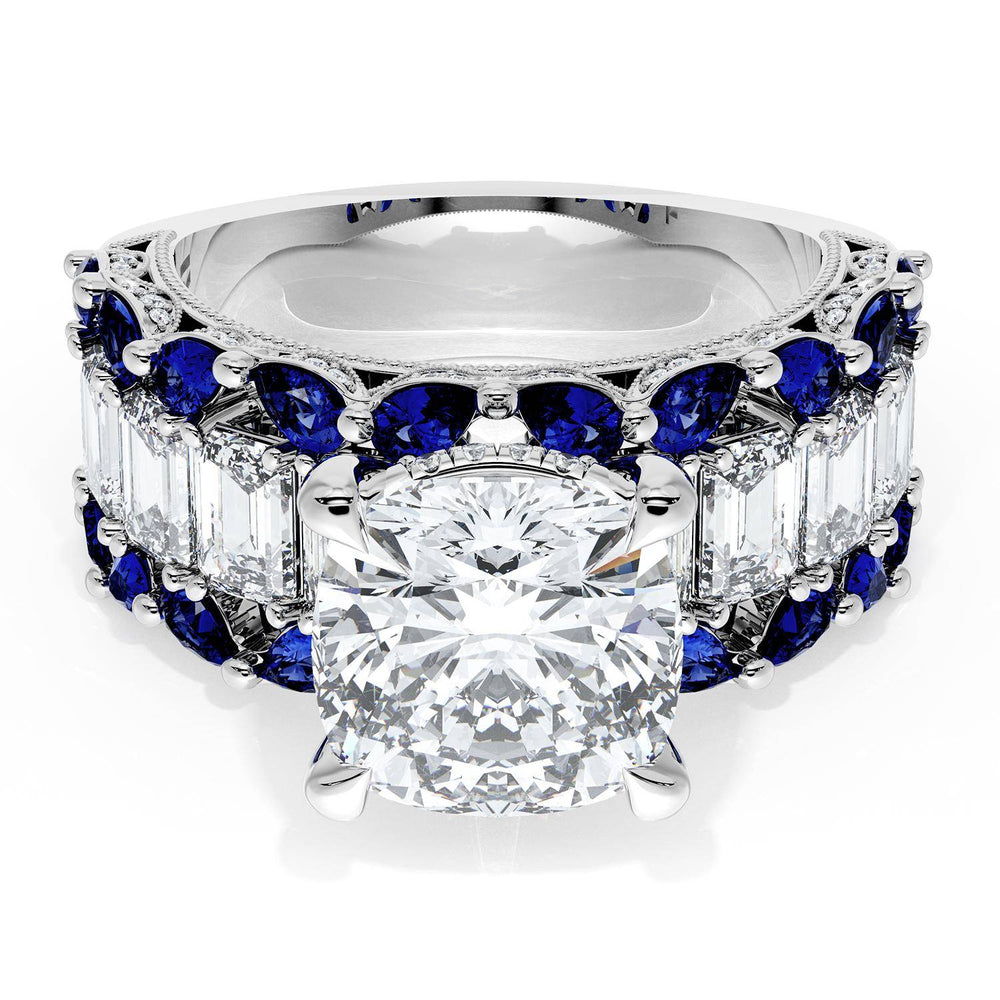Cushion Solitaire Engagement Ring w/ Emerald & Pear Band