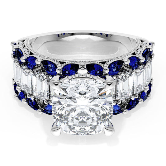 Cushion Solitaire Engagement Ring w/ Emerald & Pear Band