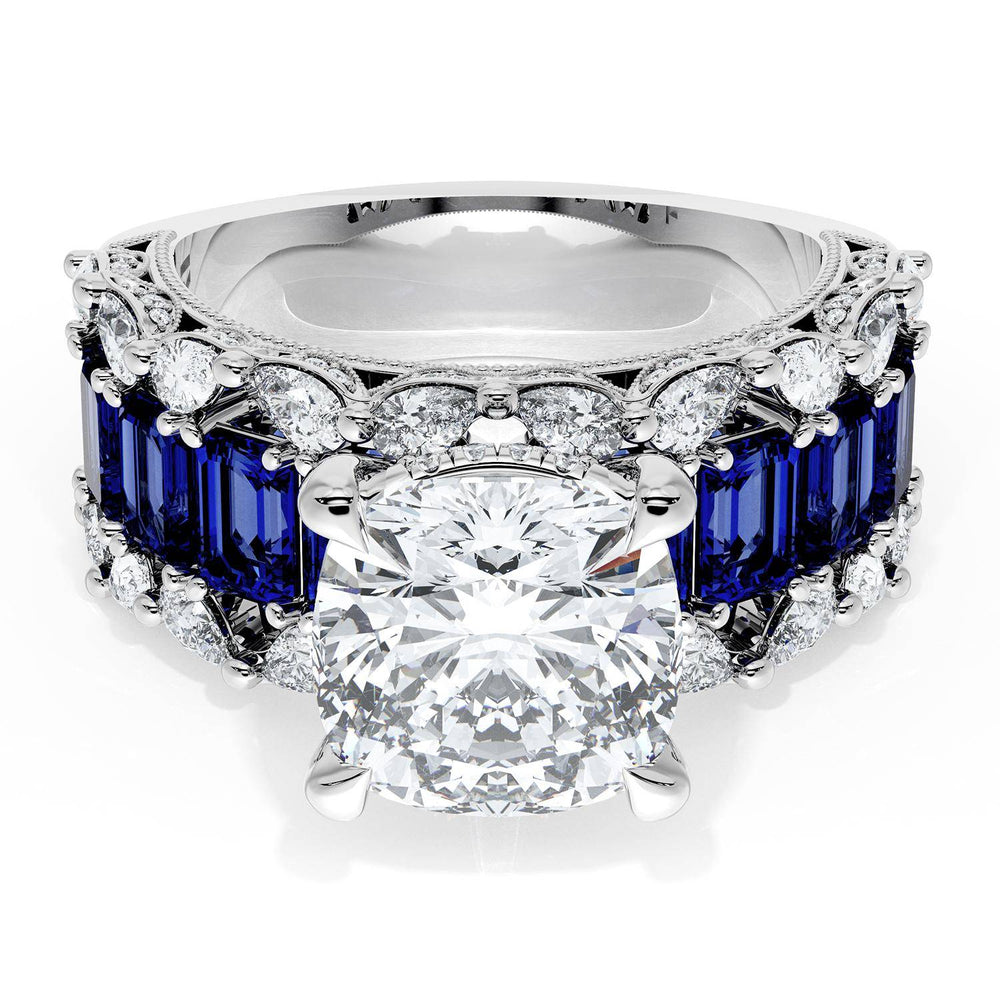 Cushion Solitaire Engagement Ring w/ Emerald & Pear Band