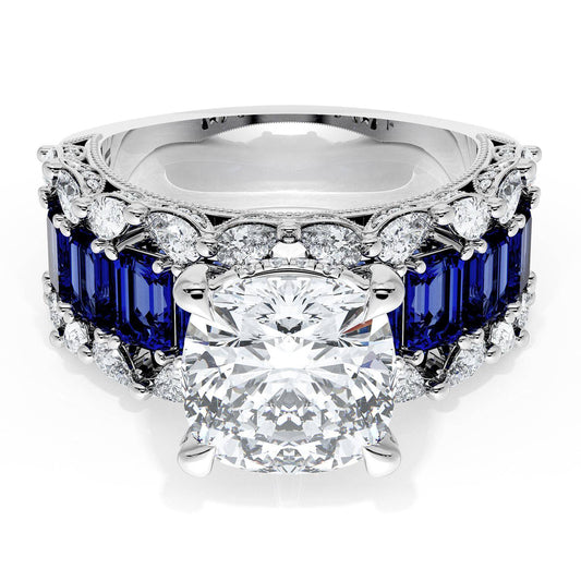 Cushion Solitaire Engagement Ring w/ Emerald & Pear Band