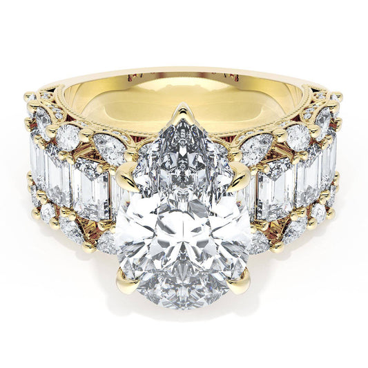Pear Solitaire Engagement Ring w/ Emerald & Pear Band