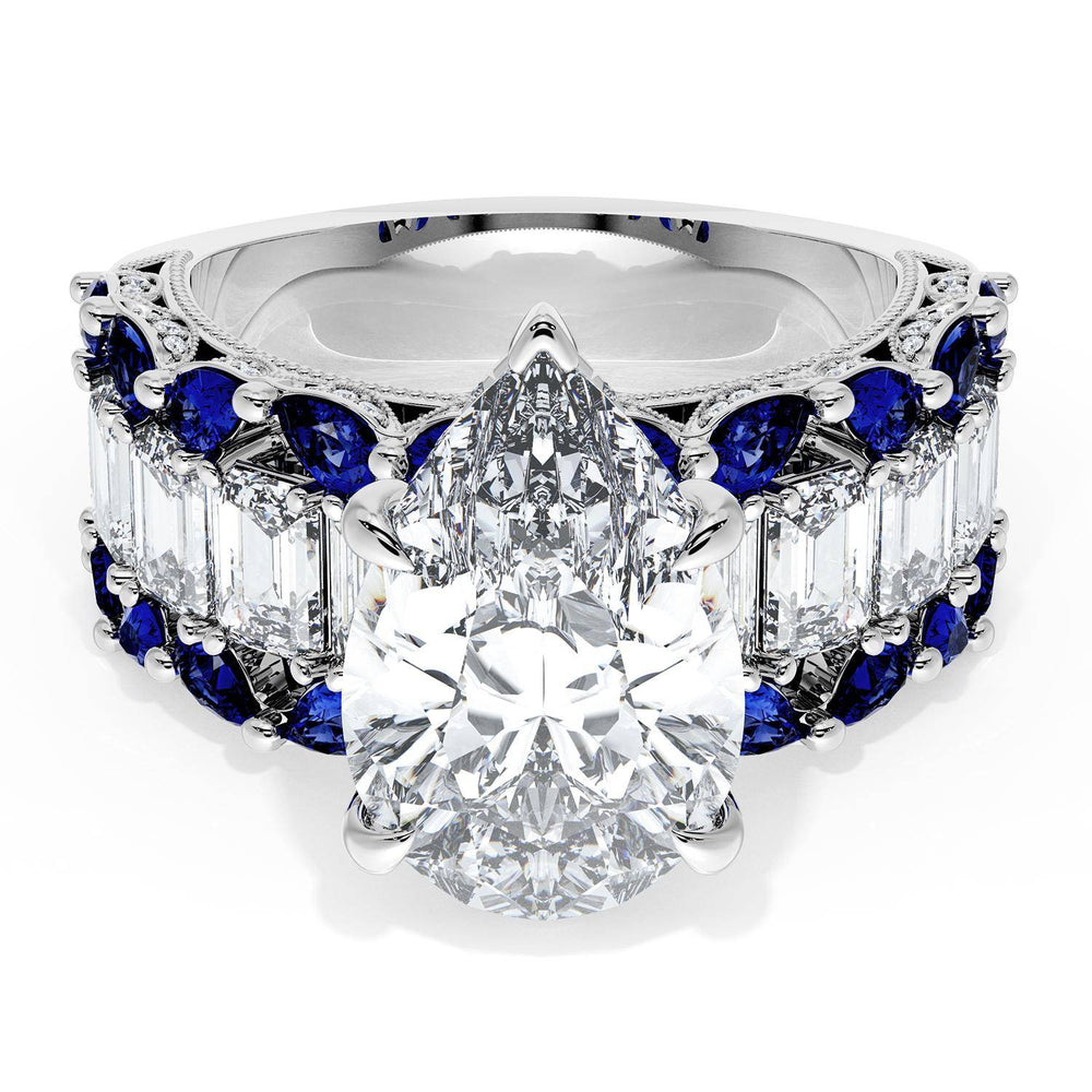 Pear Solitaire Engagement Ring w/ Emerald & Pear Band