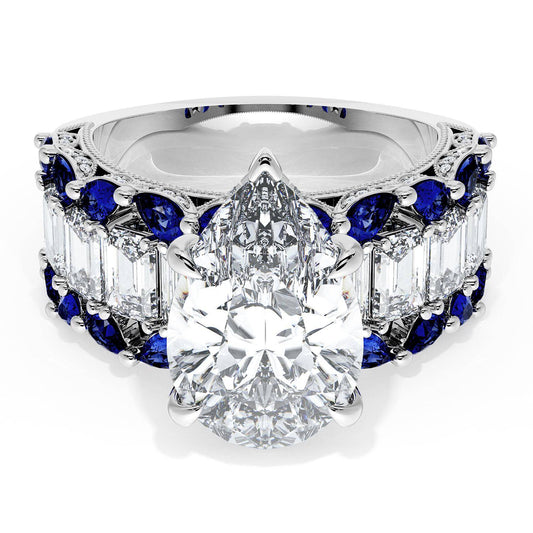 Pear Solitaire Engagement Ring w/ Emerald & Pear Band