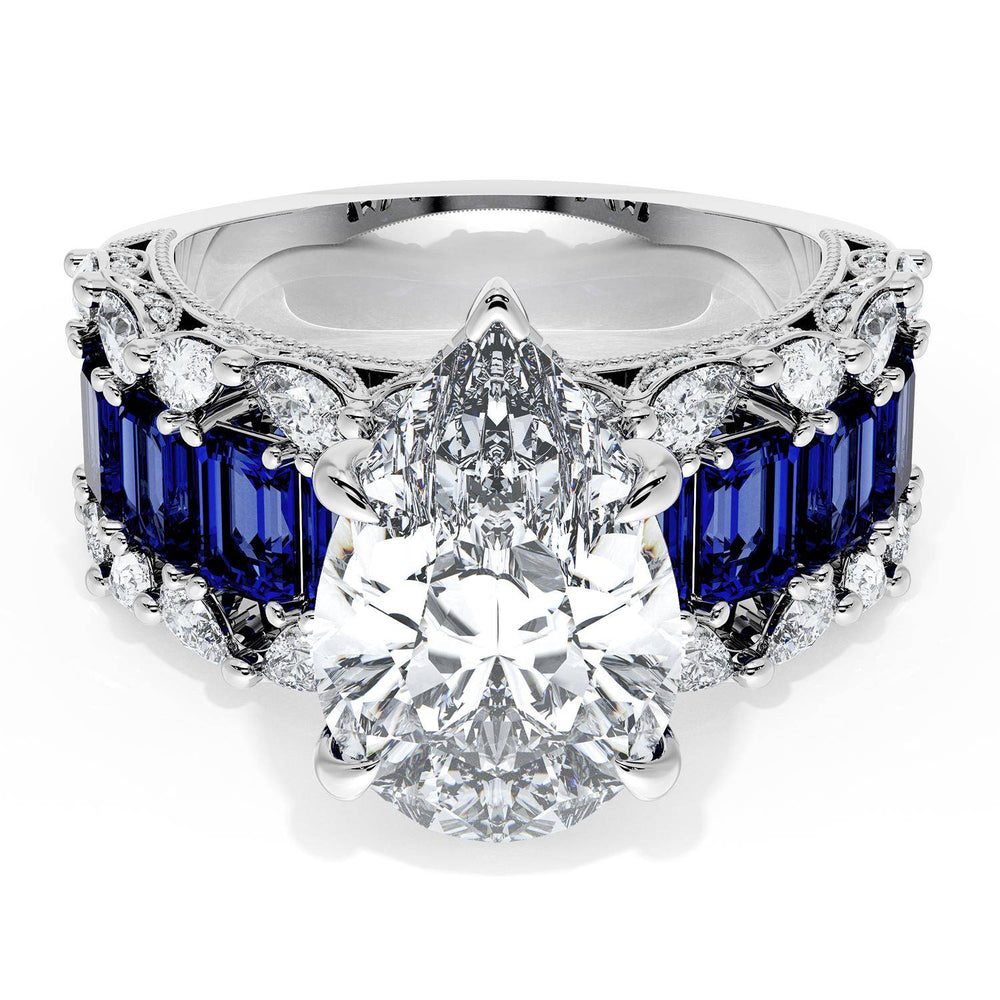 Pear Solitaire Engagement Ring w/ Emerald & Pear Band
