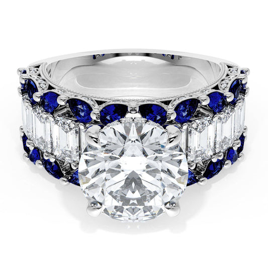 Round Solitaire Engagement Ring w/ Emerald & Pear Band