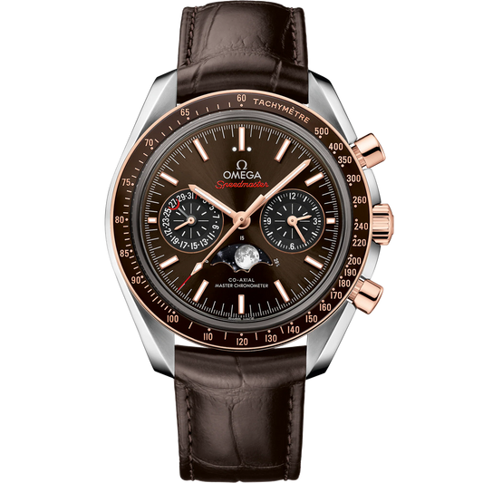 SPEEDMASTER MOONPHASE 44.25 MM, STEEL - SEDNA™ GOLD ON LEATHER STRAP