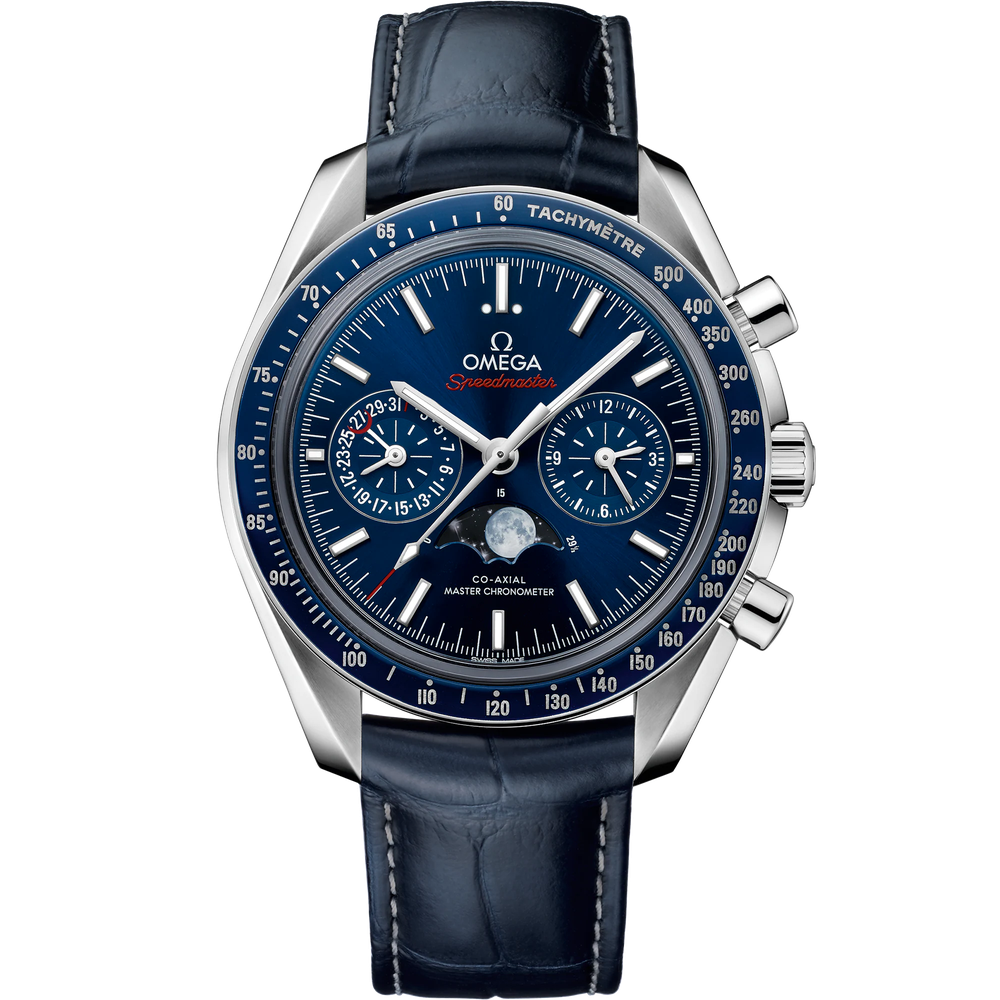 SPEEDMASTER MOONPHASE 44.25 MM, STEEL ON LEATHER STRAP