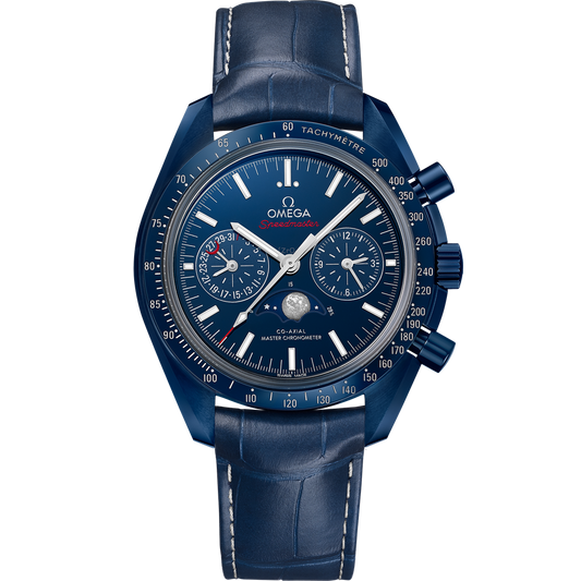 SPEEDMASTER MOONPHASE 44.25 MM, BLUE CERAMIC ON LEATHER STRAP