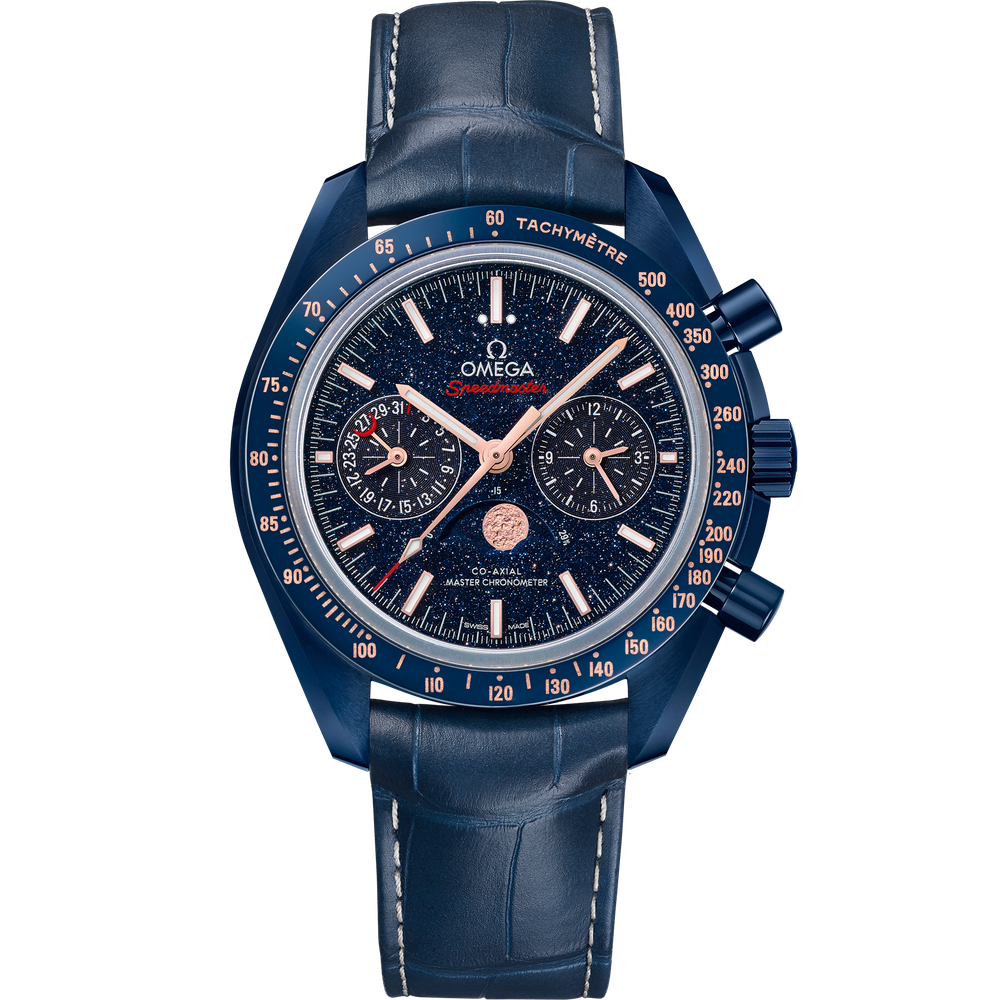 SPEEDMASTER MOONPHASE 44.25 MM, BLUE CERAMIC ON LEATHER STRAP